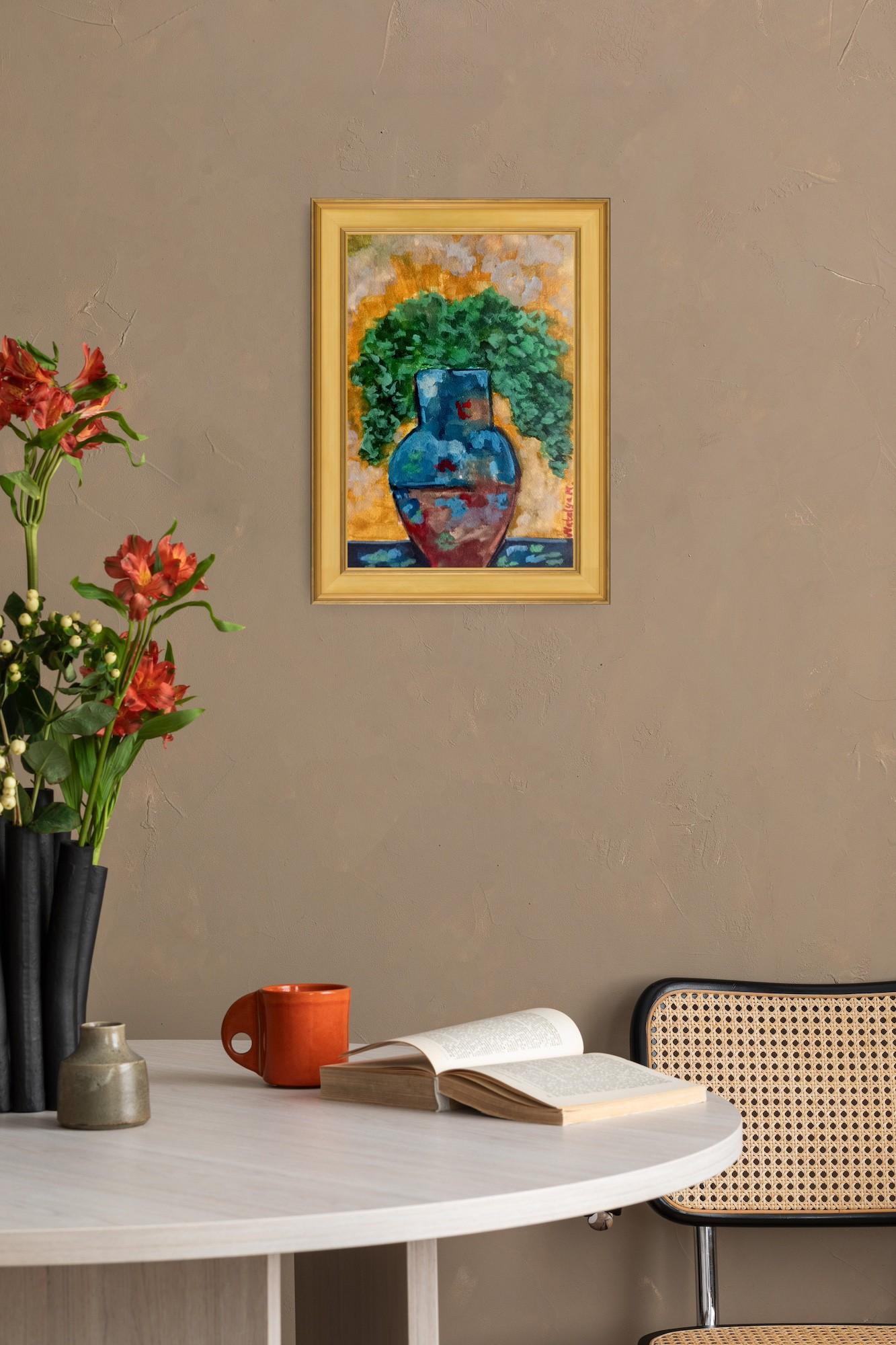 This artwork commands attention with its vibrant and dynamic use of color and form, creating a visually striking composition. At the center of the piece there is a vase combining blue and terracotta colors. 

The vase, bearing a warm and earthy