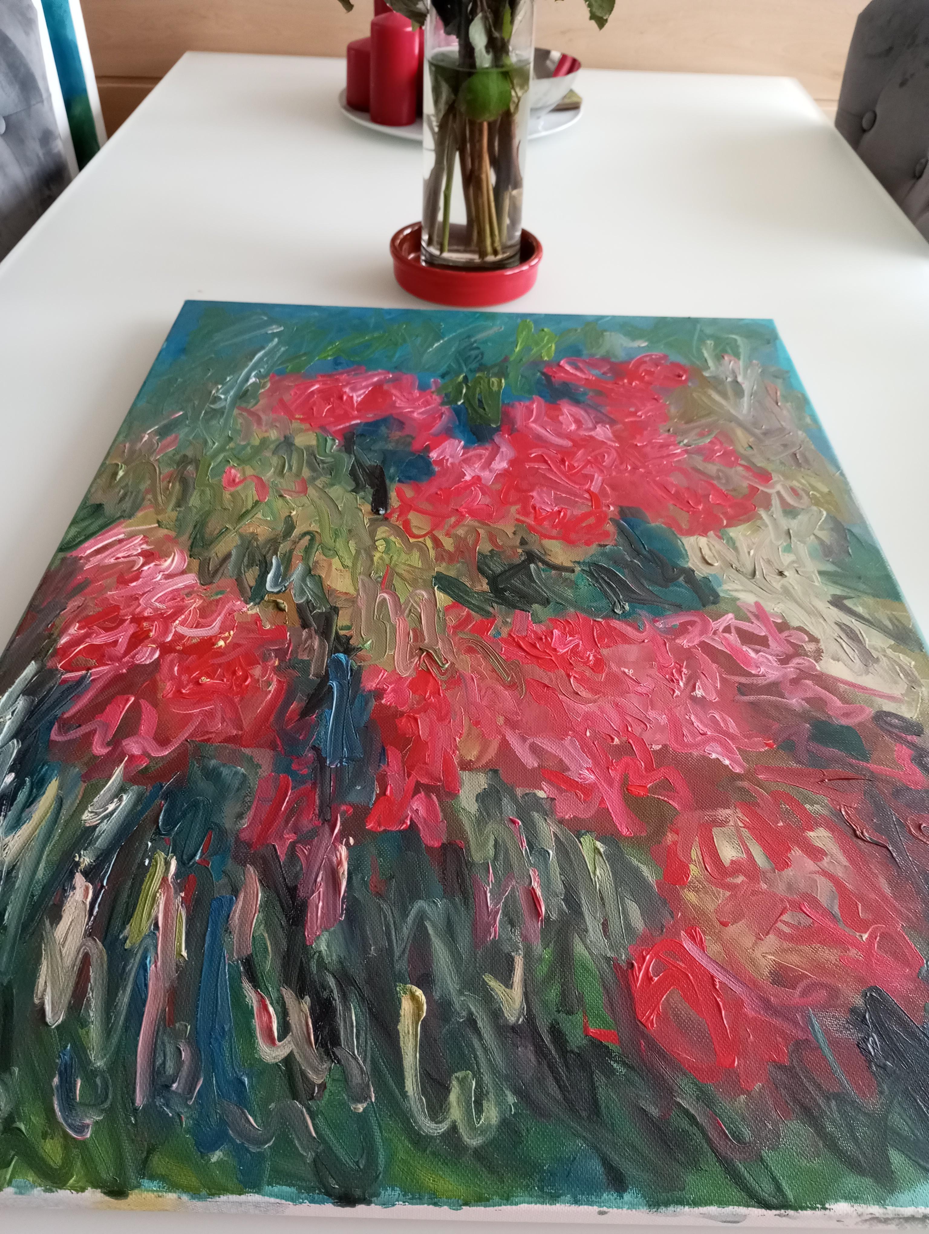 Pintura viva floral impresionista abstracta sobre lienzo 