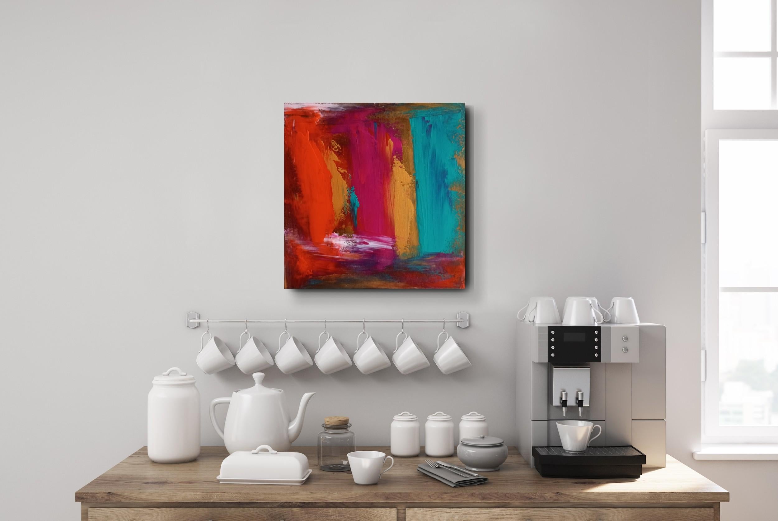 Contemporary abstract expressive acrylic painting on canvas ready to hang - Red Interior Painting by Natalya Mougenot 