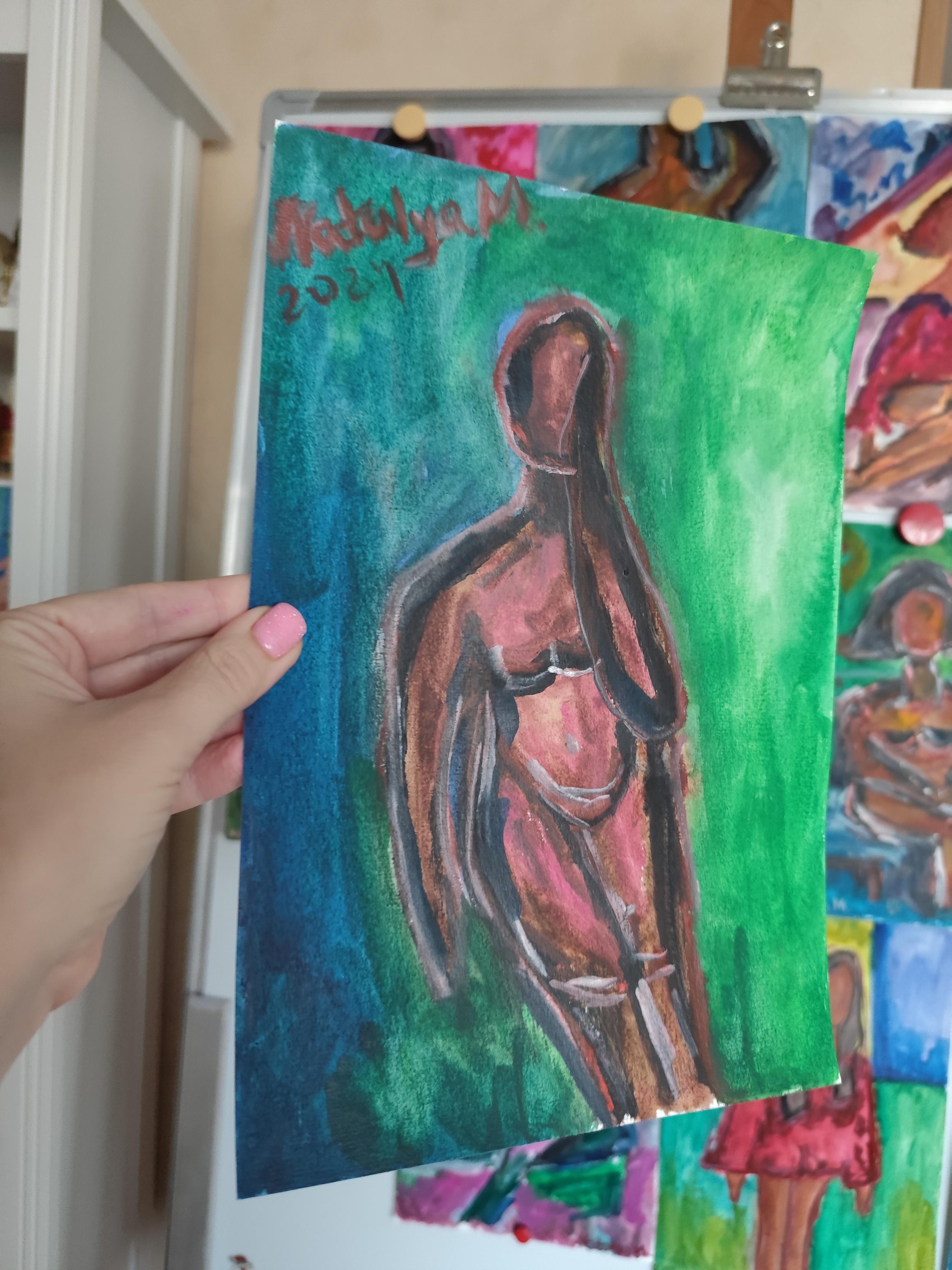 Abstraktes figuratives Gemälde einer Frau auf Papier „Reflektion des Augenblicks“ im Angebot 5
