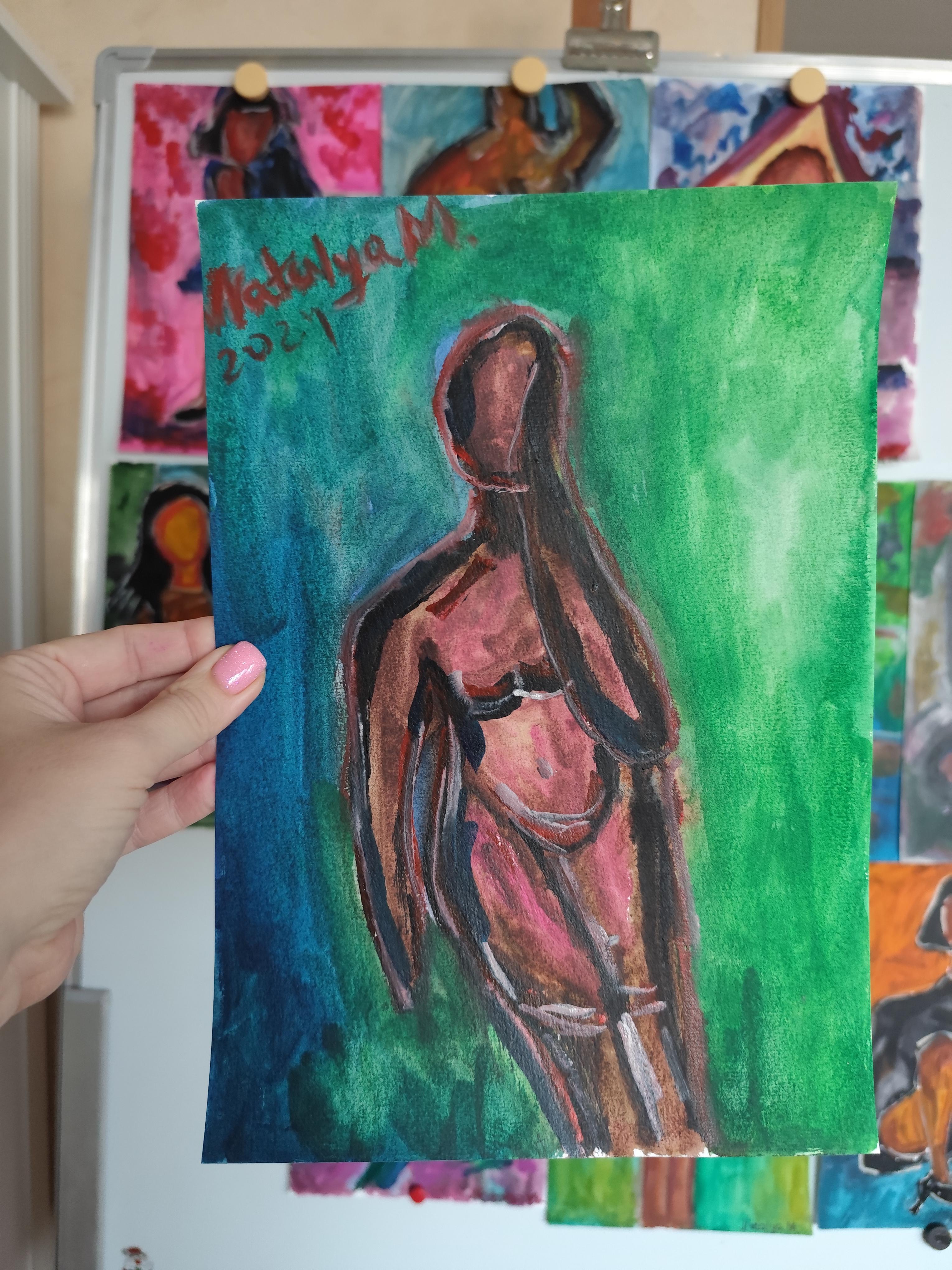 Abstraktes figuratives Gemälde einer Frau auf Papier „Reflektion des Augenblicks“ im Angebot 6