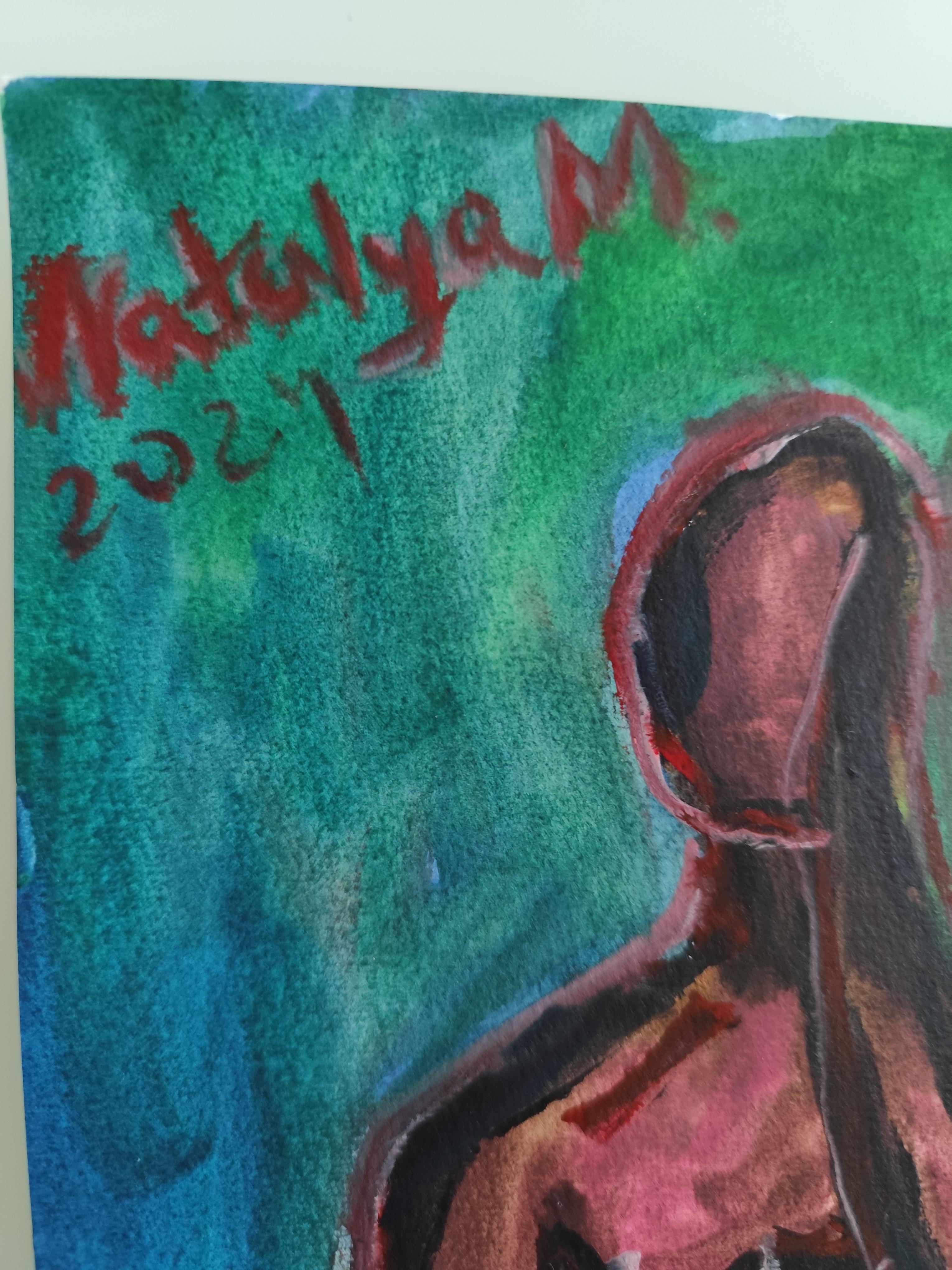 Abstraktes figuratives Gemälde einer Frau auf Papier „Reflektion des Augenblicks“ im Angebot 11
