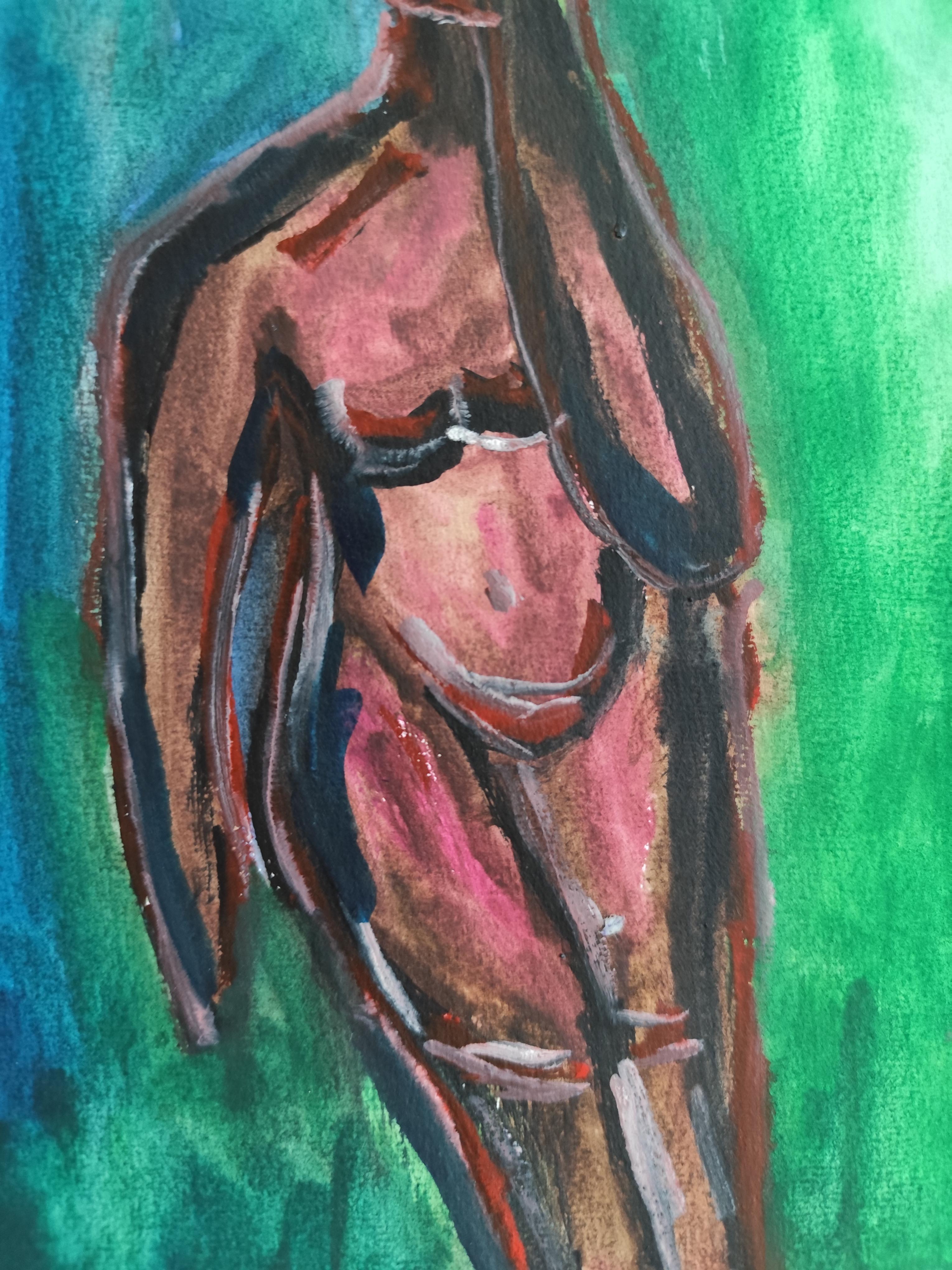 Abstraktes figuratives Gemälde einer Frau auf Papier „Reflektion des Augenblicks“ im Angebot 12
