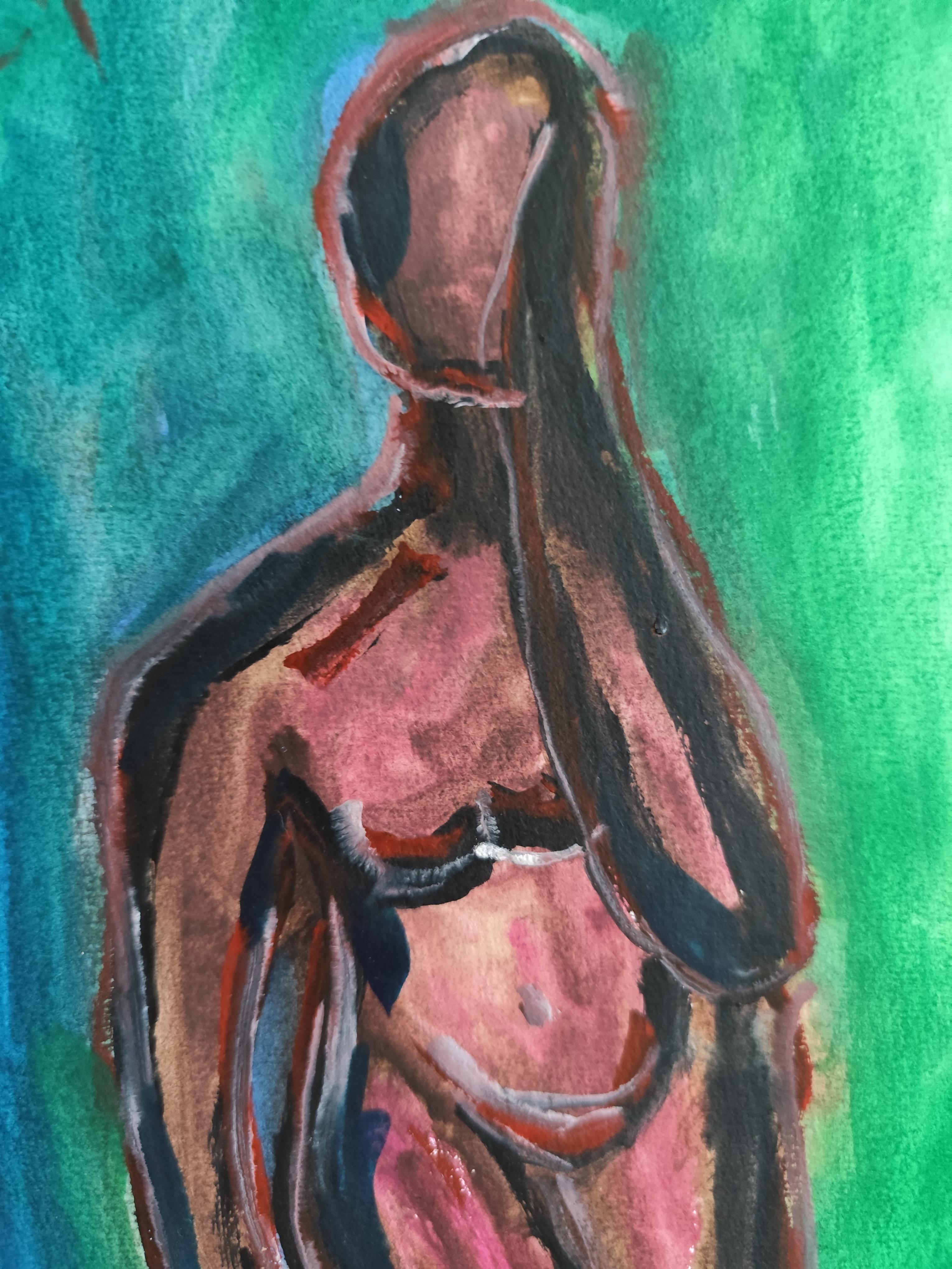Abstraktes figuratives Gemälde einer Frau auf Papier „Reflektion des Augenblicks“ im Angebot 13