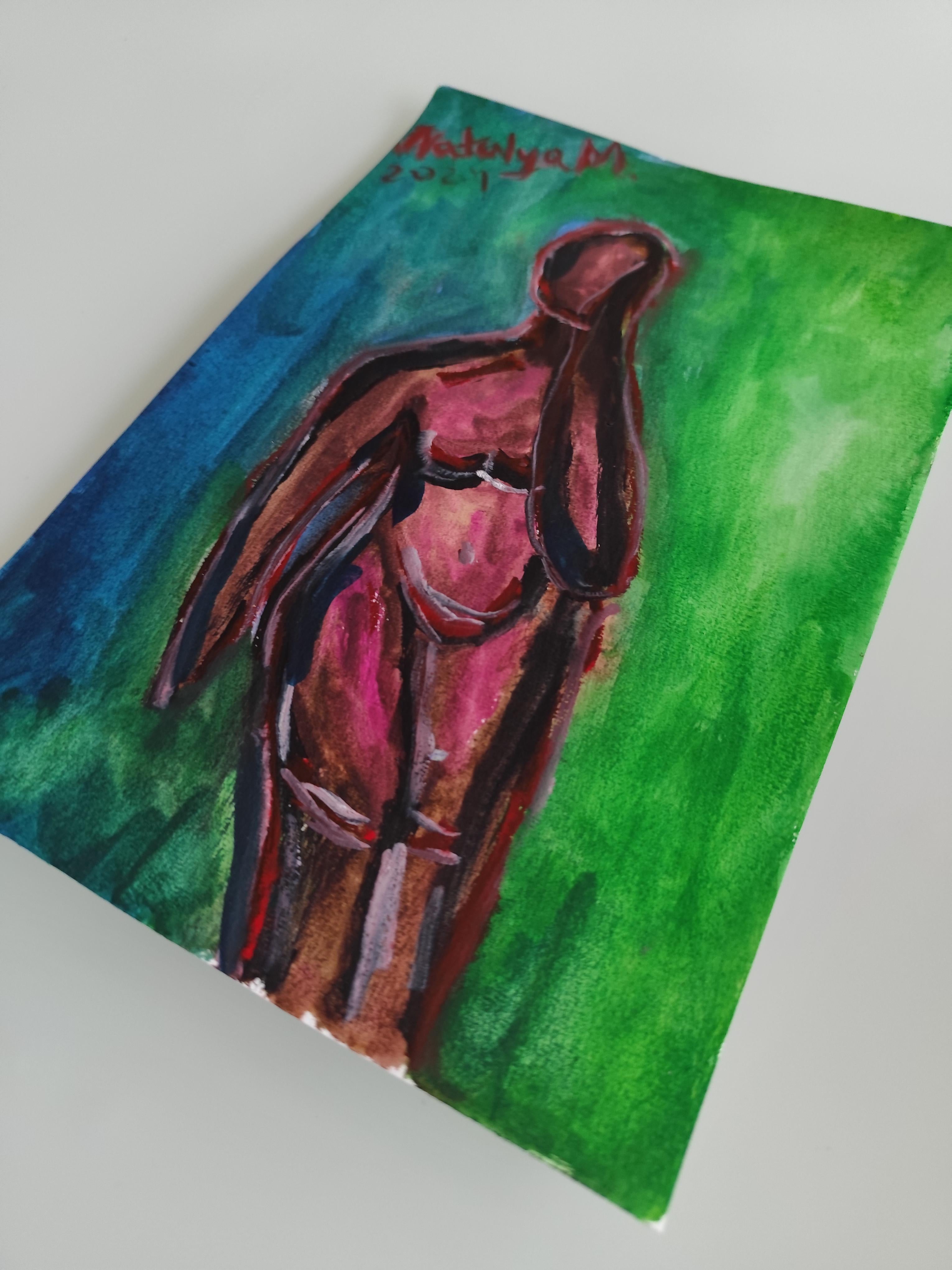 Abstraktes figuratives Gemälde einer Frau auf Papier „Reflektion des Augenblicks“ im Angebot 14