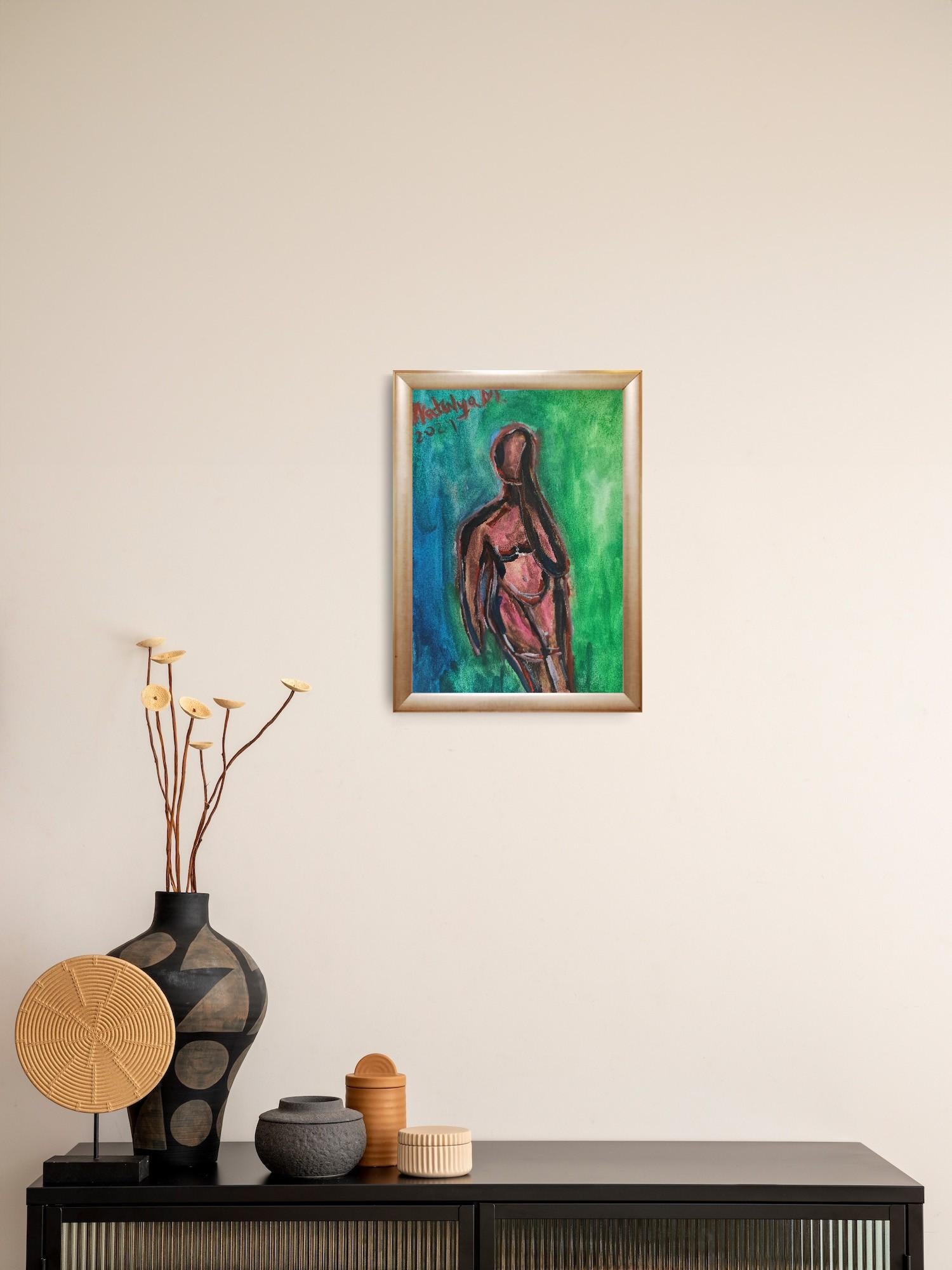 Abstraktes figuratives Gemälde einer Frau auf Papier „Reflektion des Augenblicks“ – Art von Natalya Mougenot 