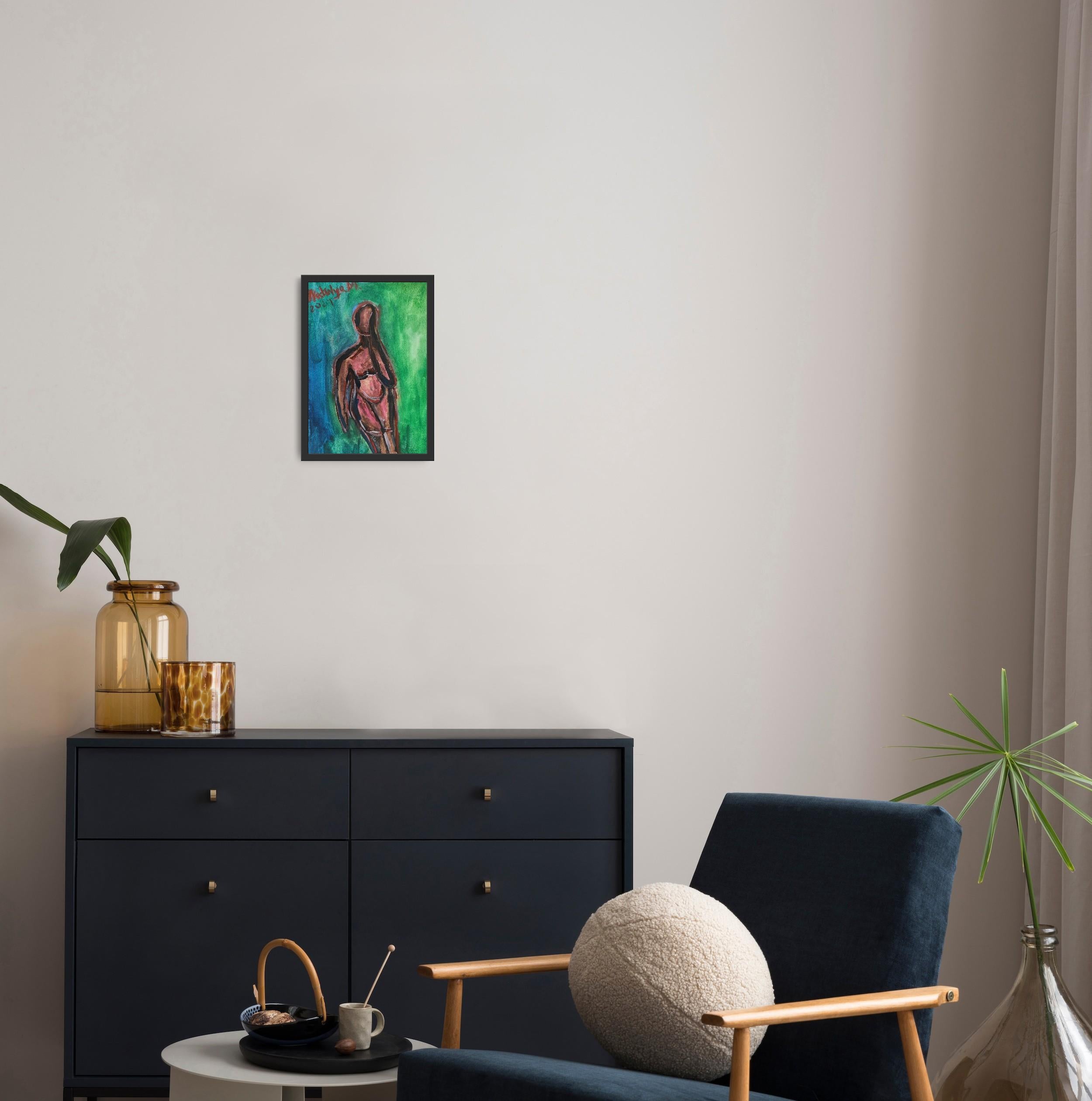 Abstraktes figuratives Gemälde einer Frau auf Papier „Reflektion des Augenblicks“ (Blau), Figurative Art, von Natalya Mougenot 