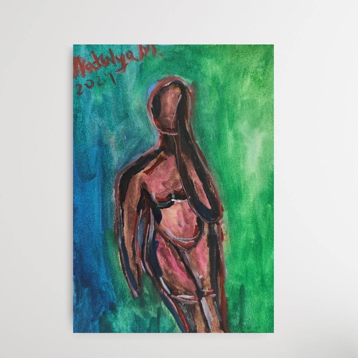 Abstraktes figuratives Gemälde einer Frau auf Papier „Reflektion des Augenblicks“ im Angebot 2