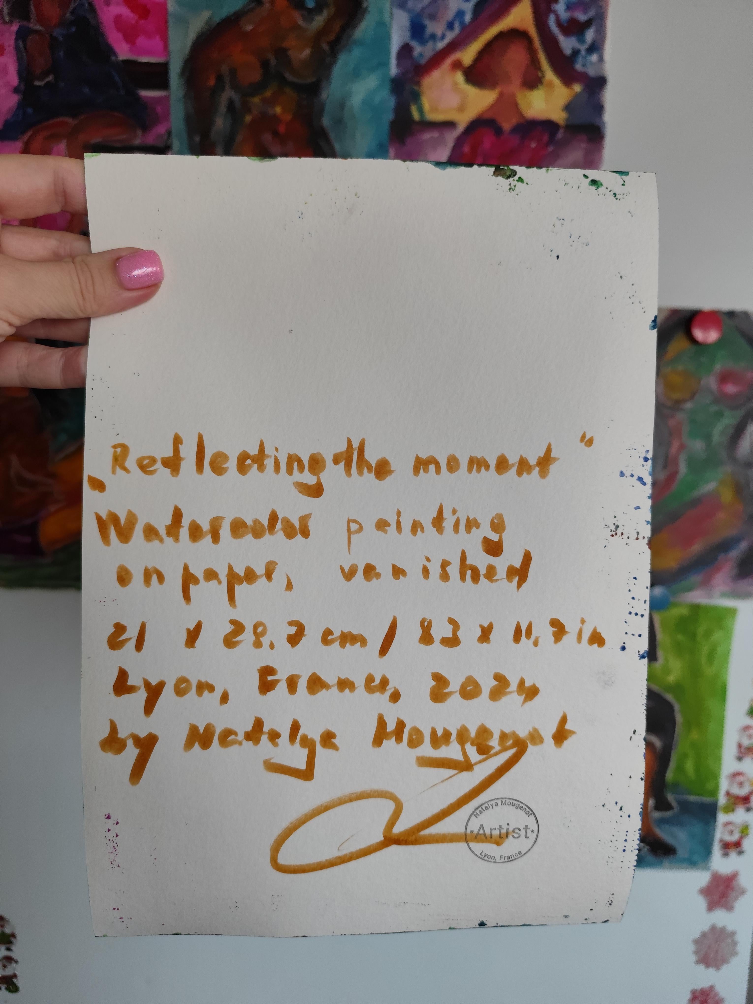 Abstraktes figuratives Gemälde einer Frau auf Papier „Reflektion des Augenblicks“ im Angebot 3