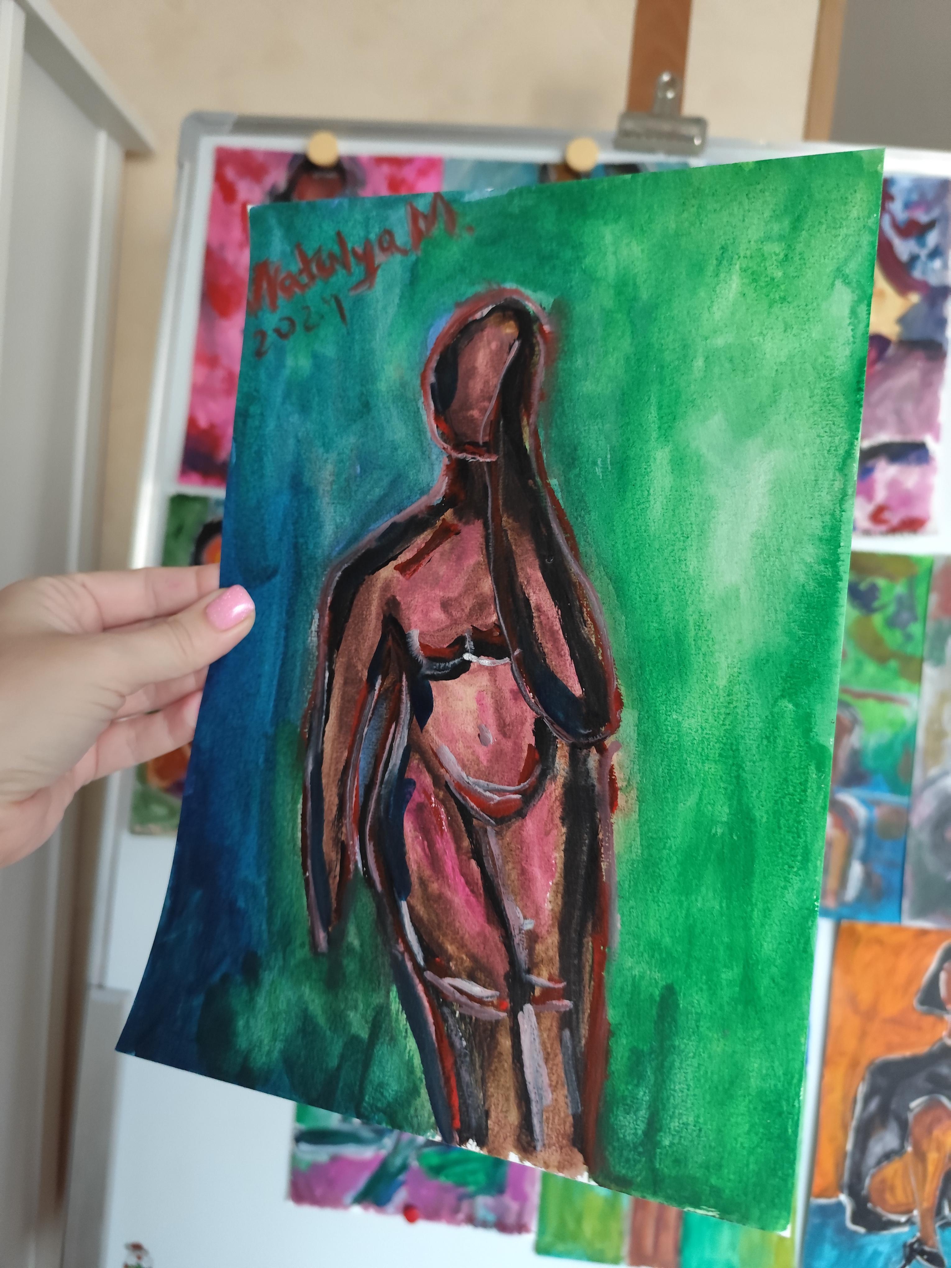Abstraktes figuratives Gemälde einer Frau auf Papier „Reflektion des Augenblicks“ im Angebot 4
