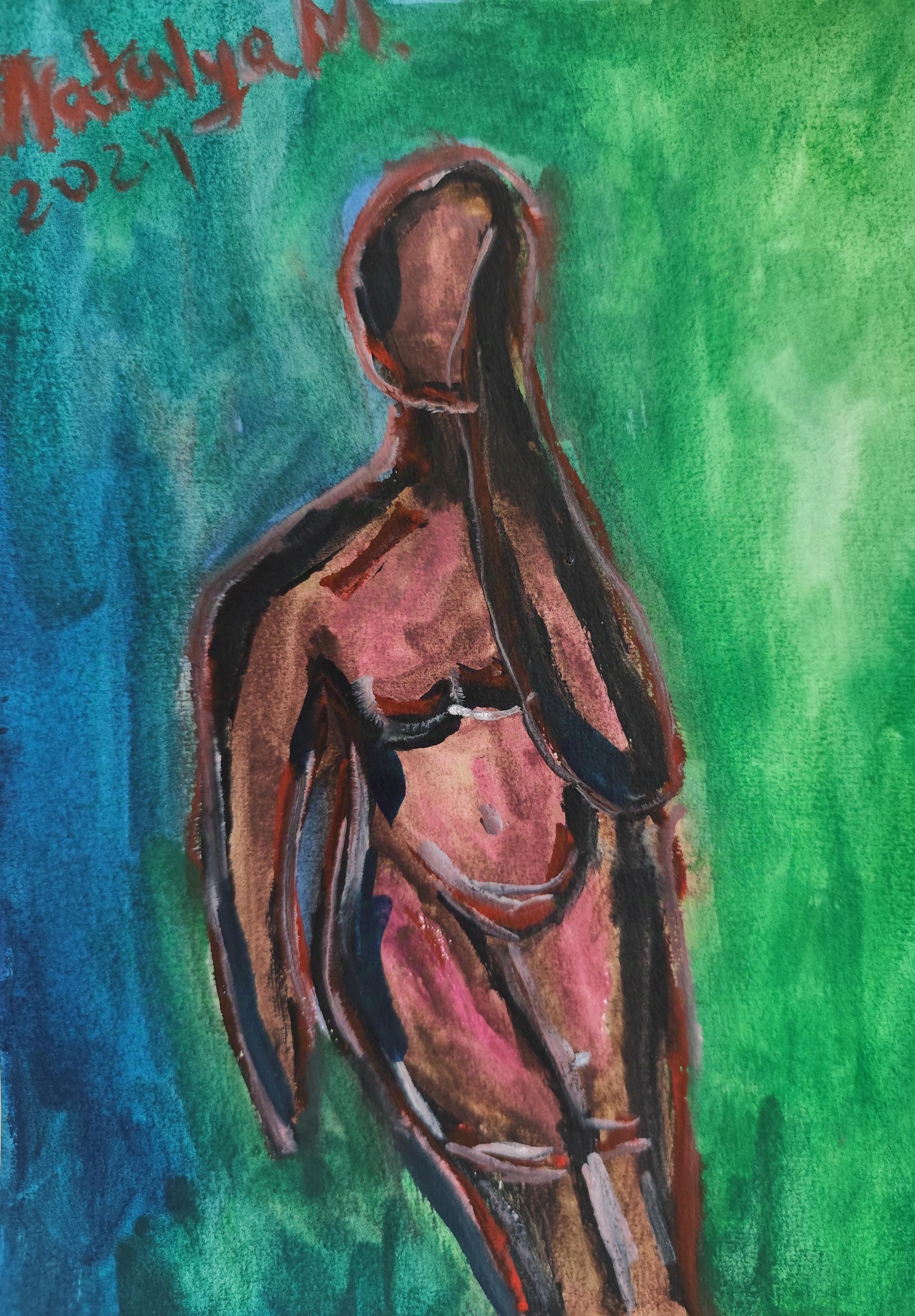 Quadro figurativo astratto di una donna su carta "Reflecting the moment" (Riflettendo il momento)