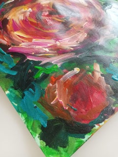 « Rose fleurie » (peinture florale acrylique expressionniste sémi-abstraite  sur papier)