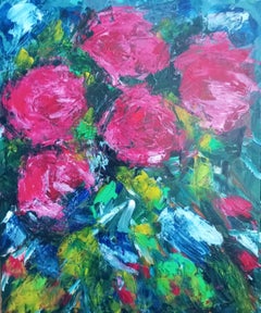 Pintura acrílica expresiva abstracta impresionista de rosas florales sobre lienzo