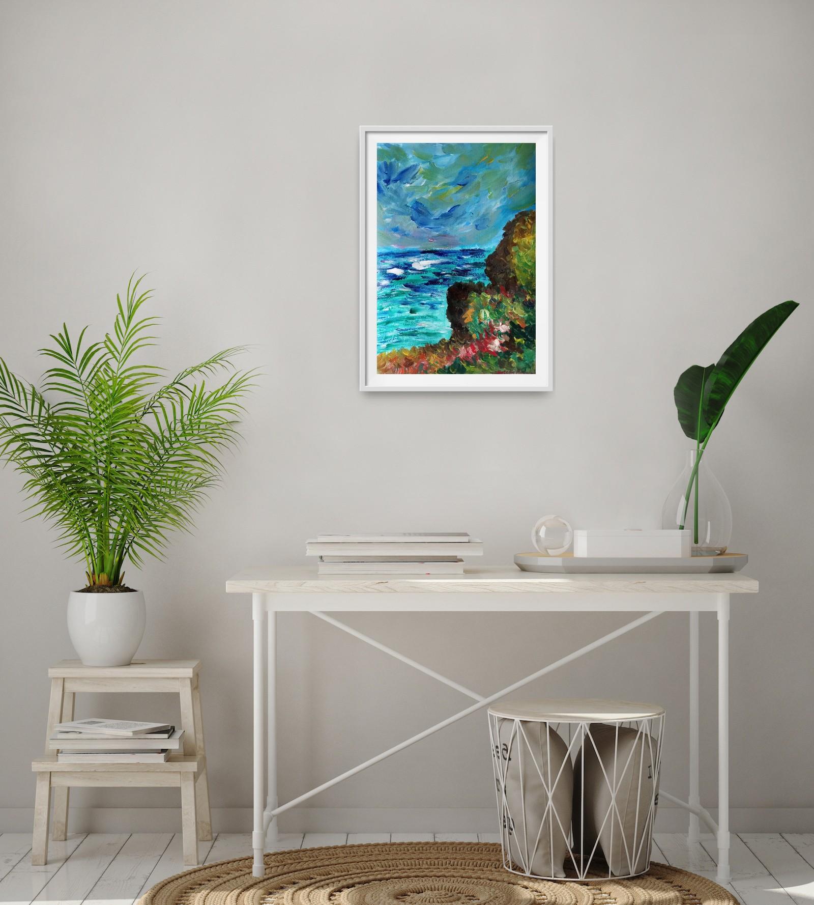 « falaise de mer » (peinture de côte balnéaire inspirée par Claude Monet) - Impressionnisme Art par Natalya Mougenot 