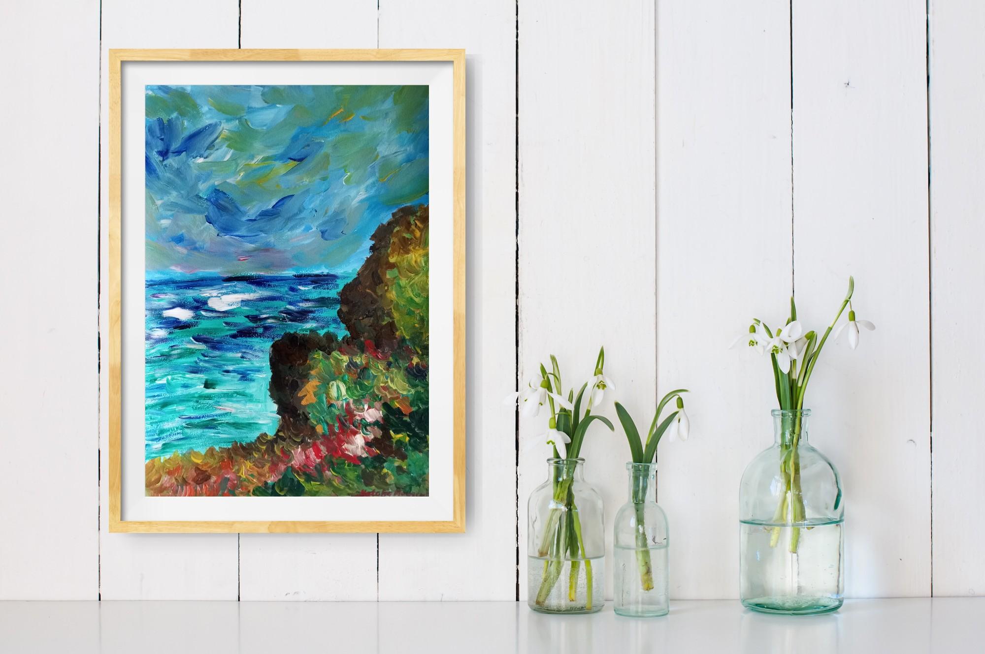 « falaise de mer » (peinture de côte balnéaire inspirée par Claude Monet) - Bleu Landscape Art par Natalya Mougenot 