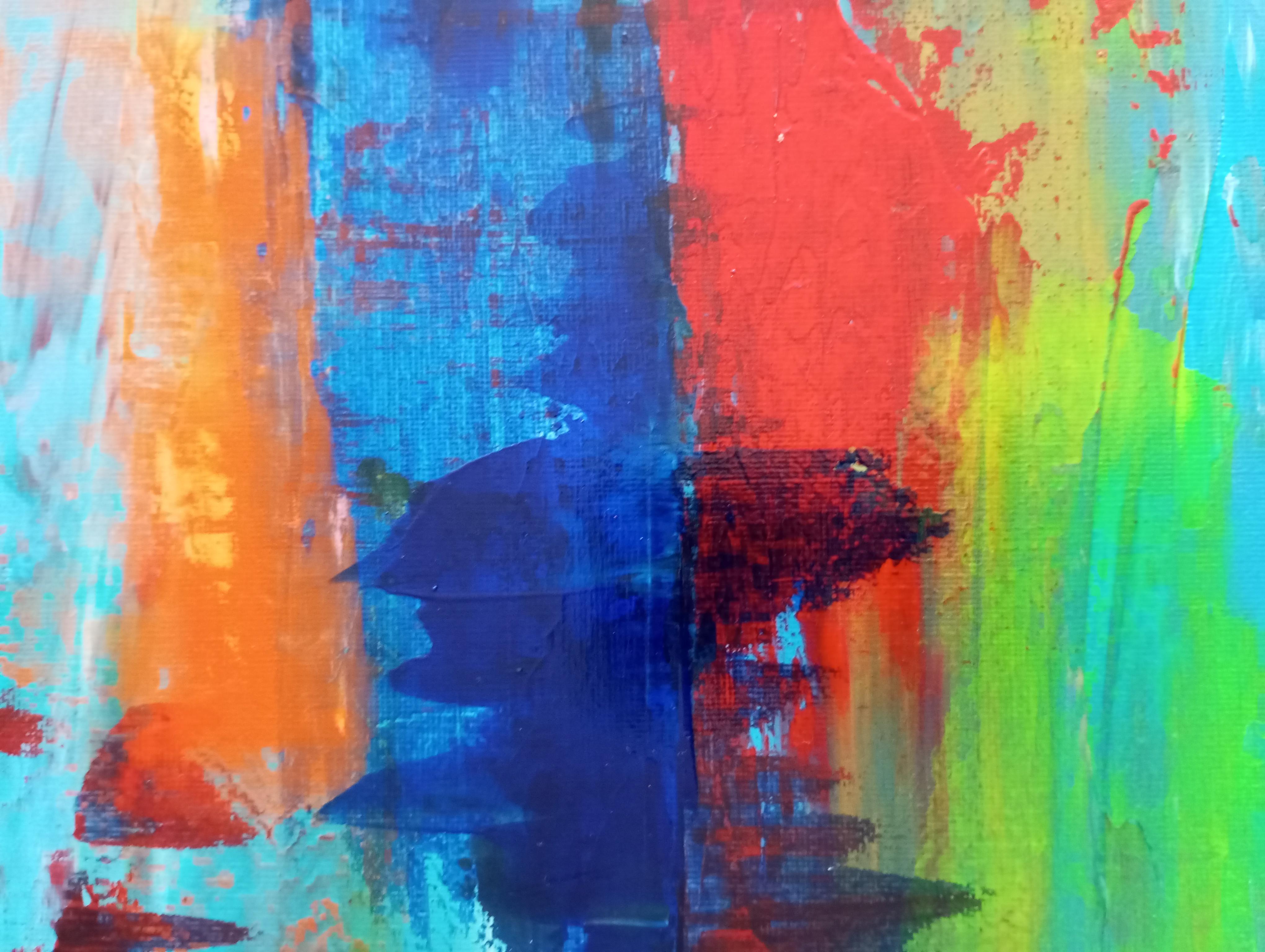 Questa vibrante opera d'arte astratta cattura un gioco dinamico di colori e forme. Audaci pennellate di blu, rosso e verde si intrecciano sulla tela, creando un senso di movimento e profondità. 

La parte superiore presenta macchie di turchese vivo