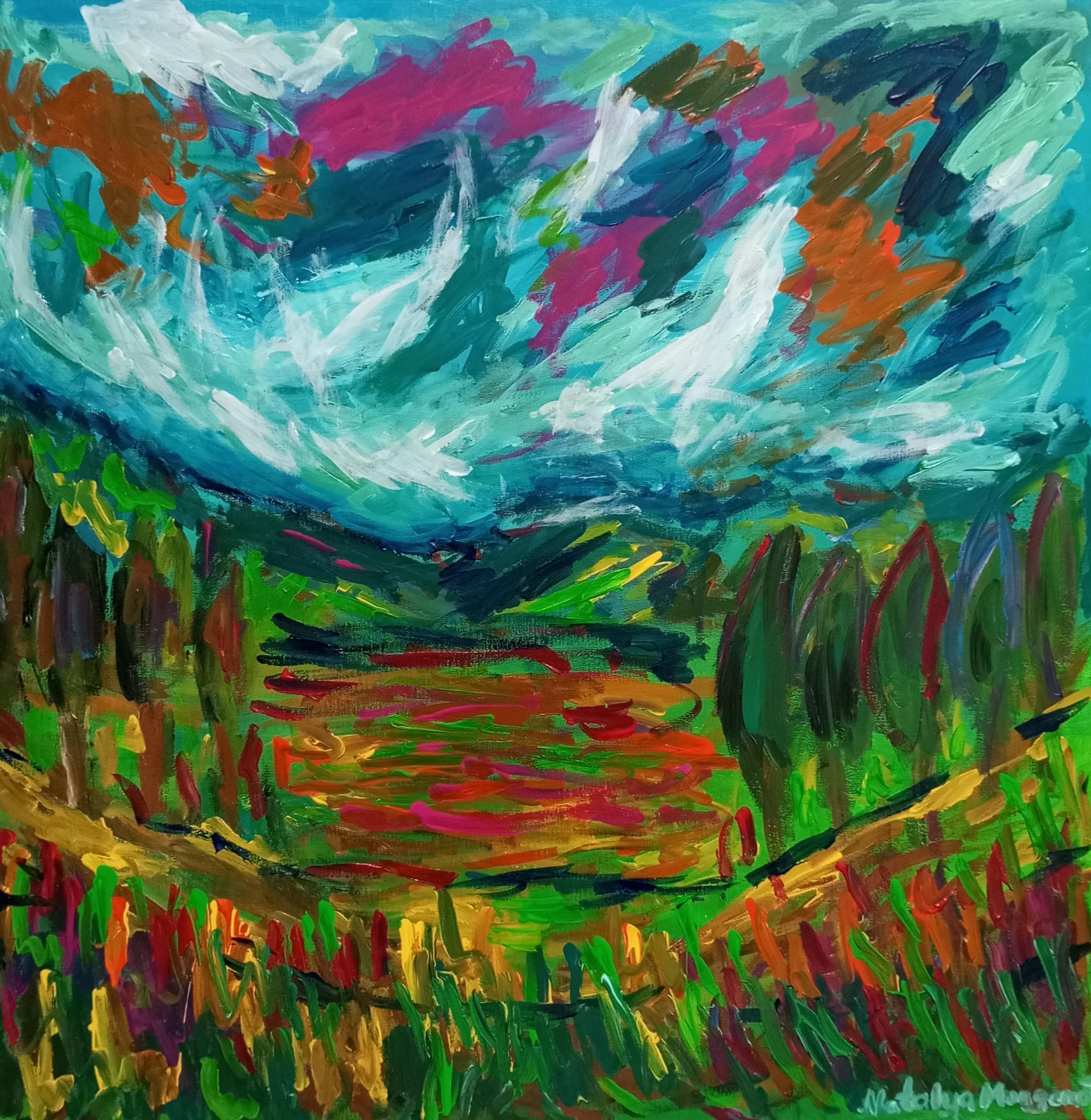 Pintura impresionista abstracta contemporánea de paisaje "Naturaleza vibrante"