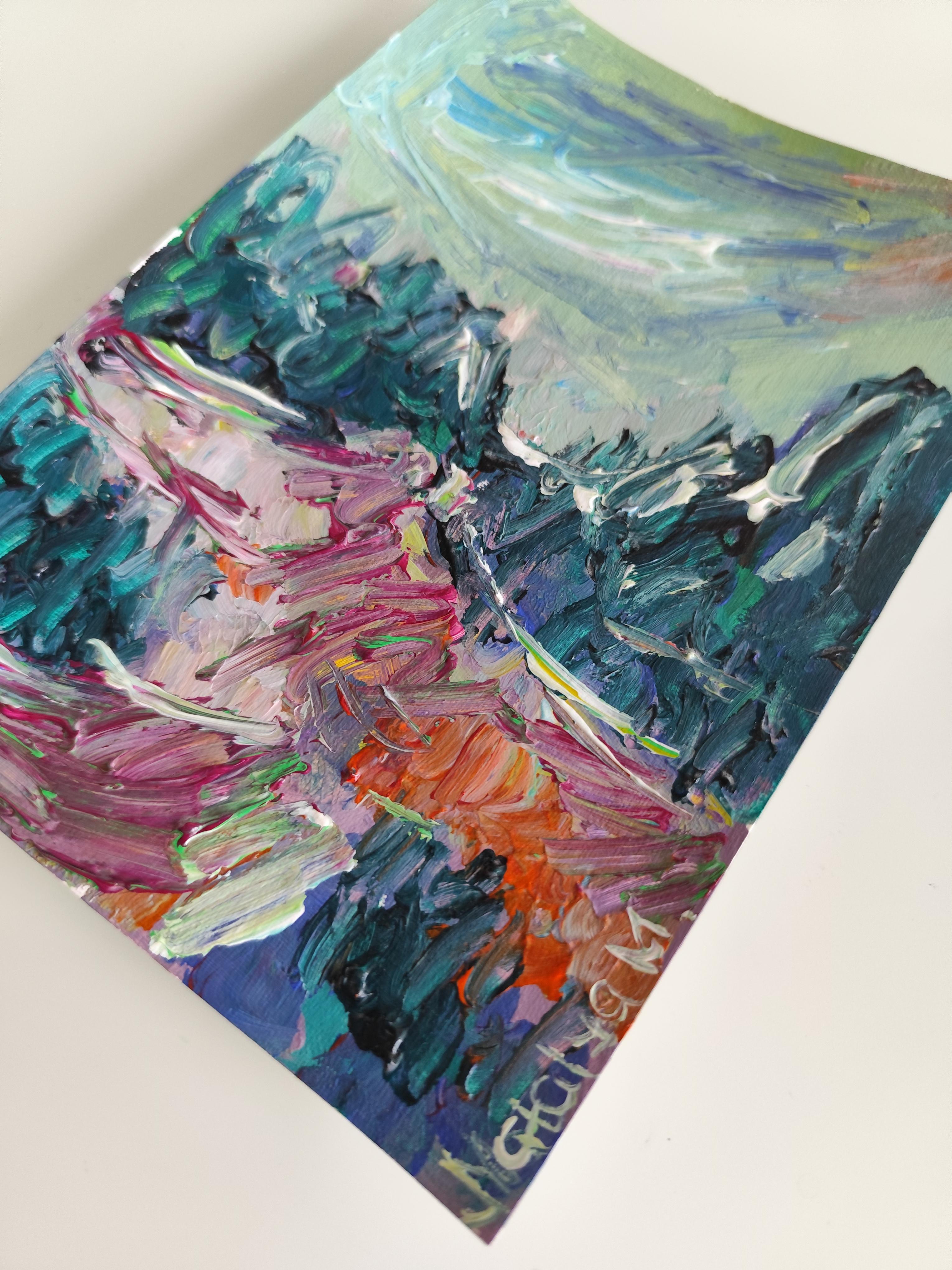 Petite peinture impressionniste abstraite contemporaine sur papier 