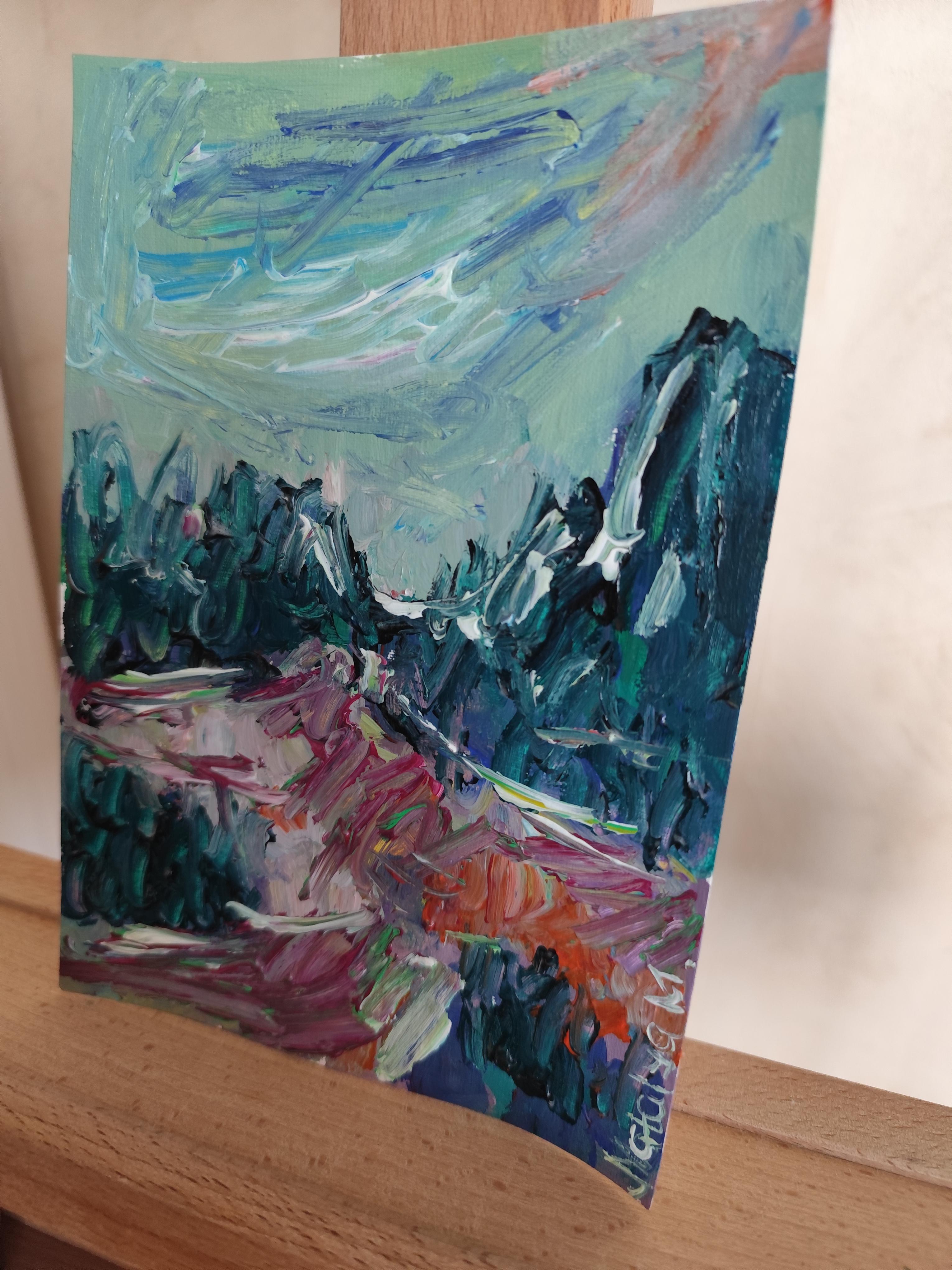 Petite peinture impressionniste abstraite contemporaine sur papier 