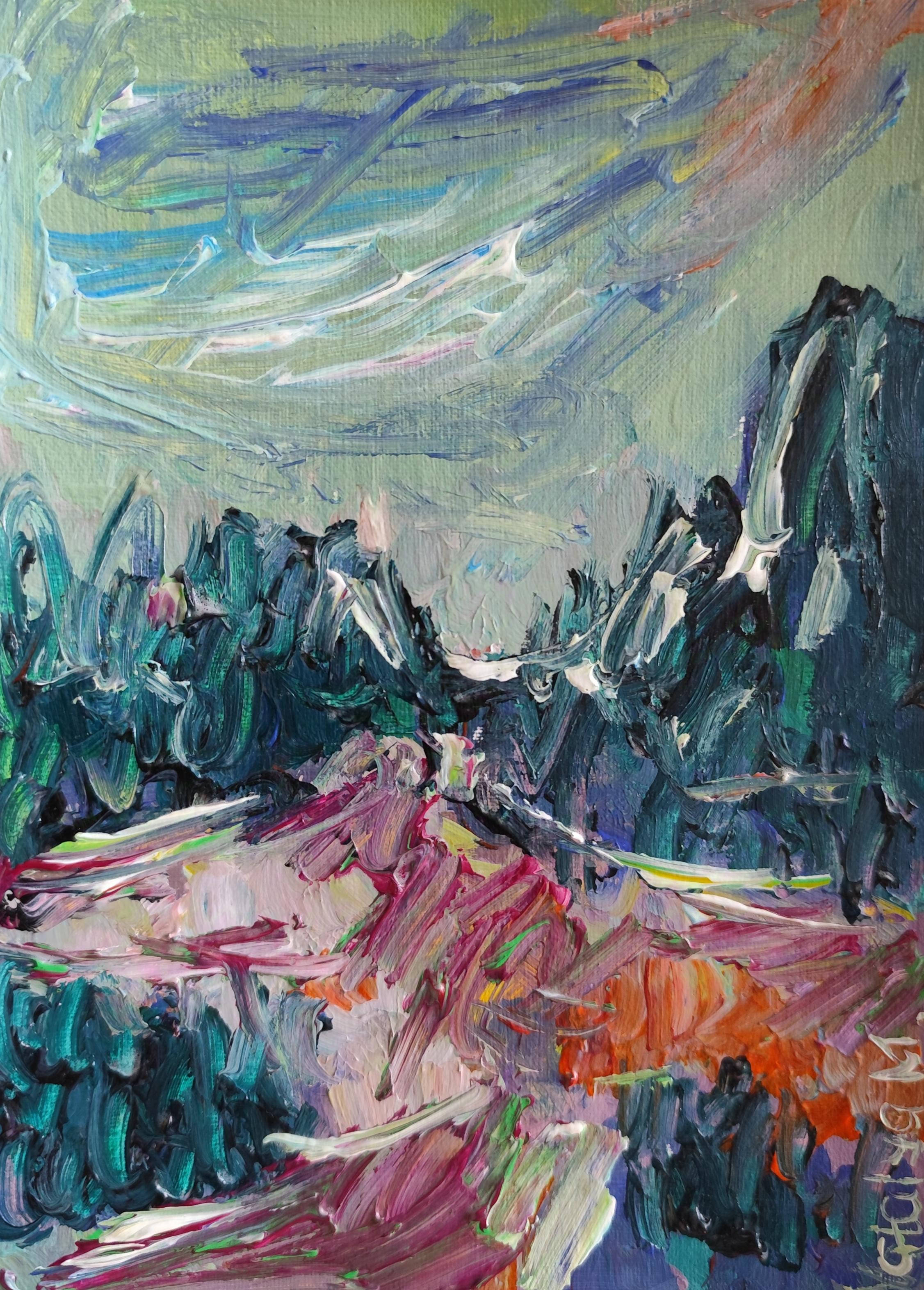 Abstract Painting Natalya Mougenot  - Petite peinture impressionniste abstraite contemporaine sur papier "Sérénité de la nature"