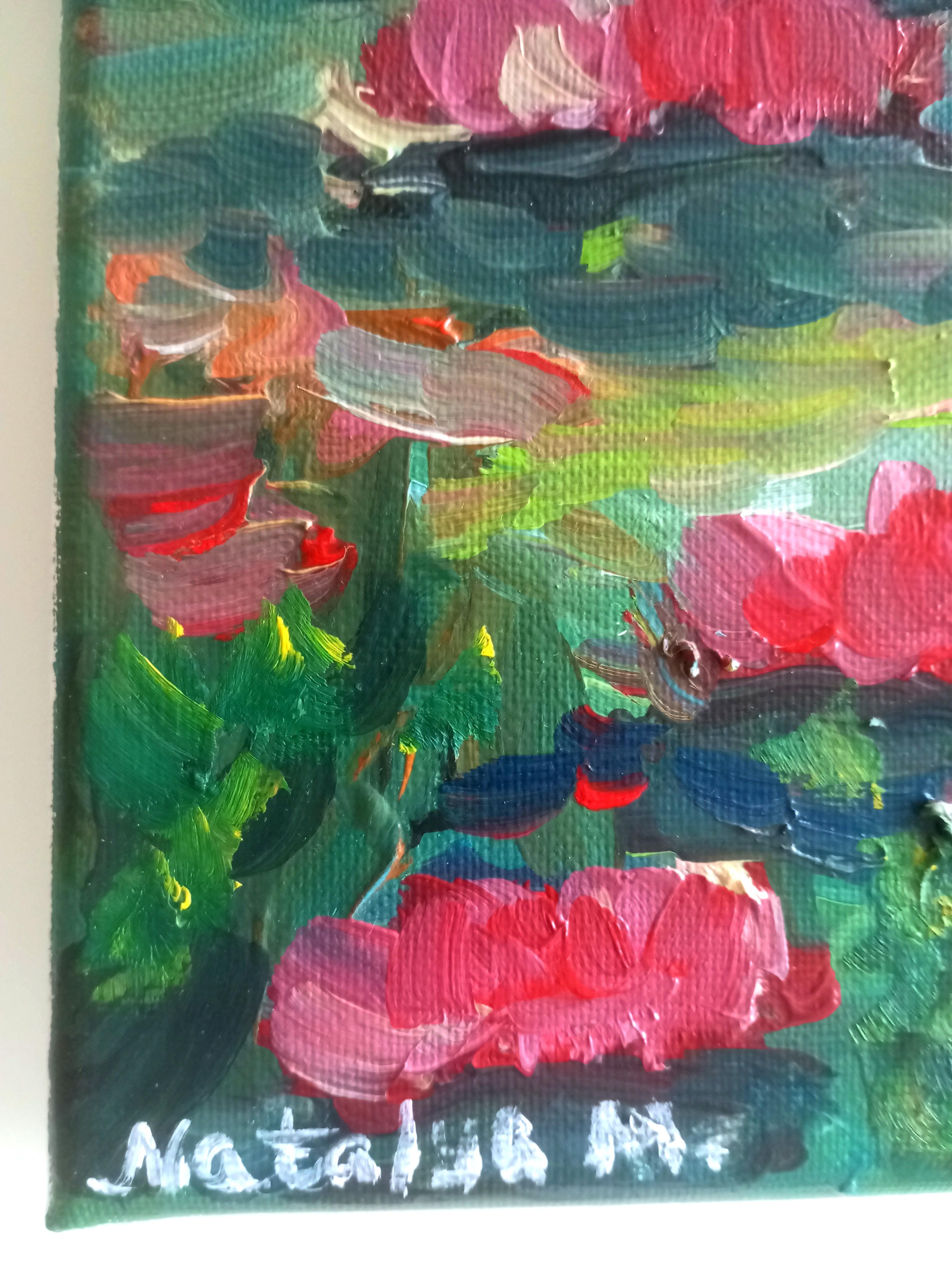 Zeitgenössisches impressionistisches Ölgemälde von Seerosen auf Leinwand im Angebot 5