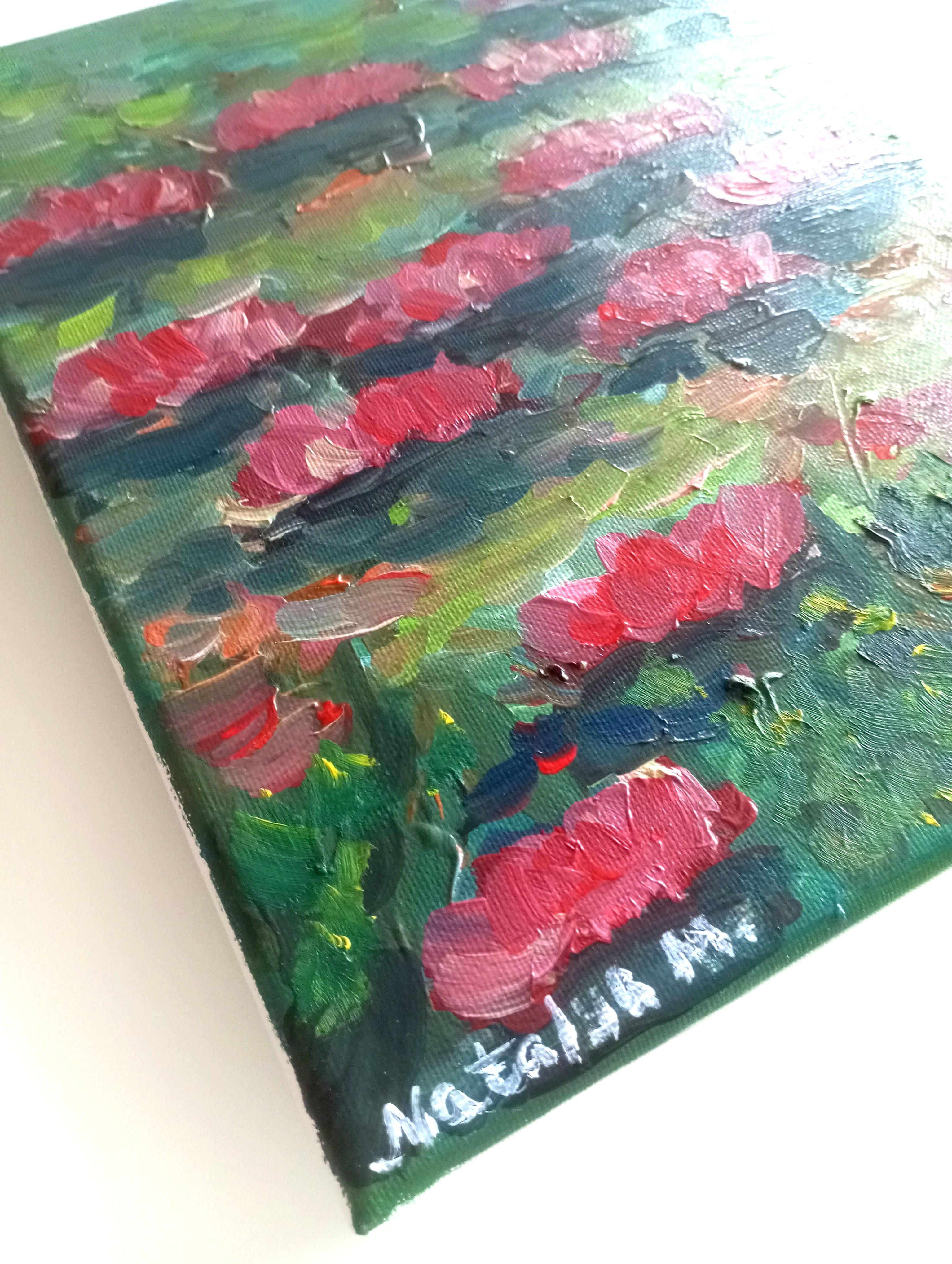 Zeitgenössisches impressionistisches Ölgemälde von Seerosen auf Leinwand im Angebot 7