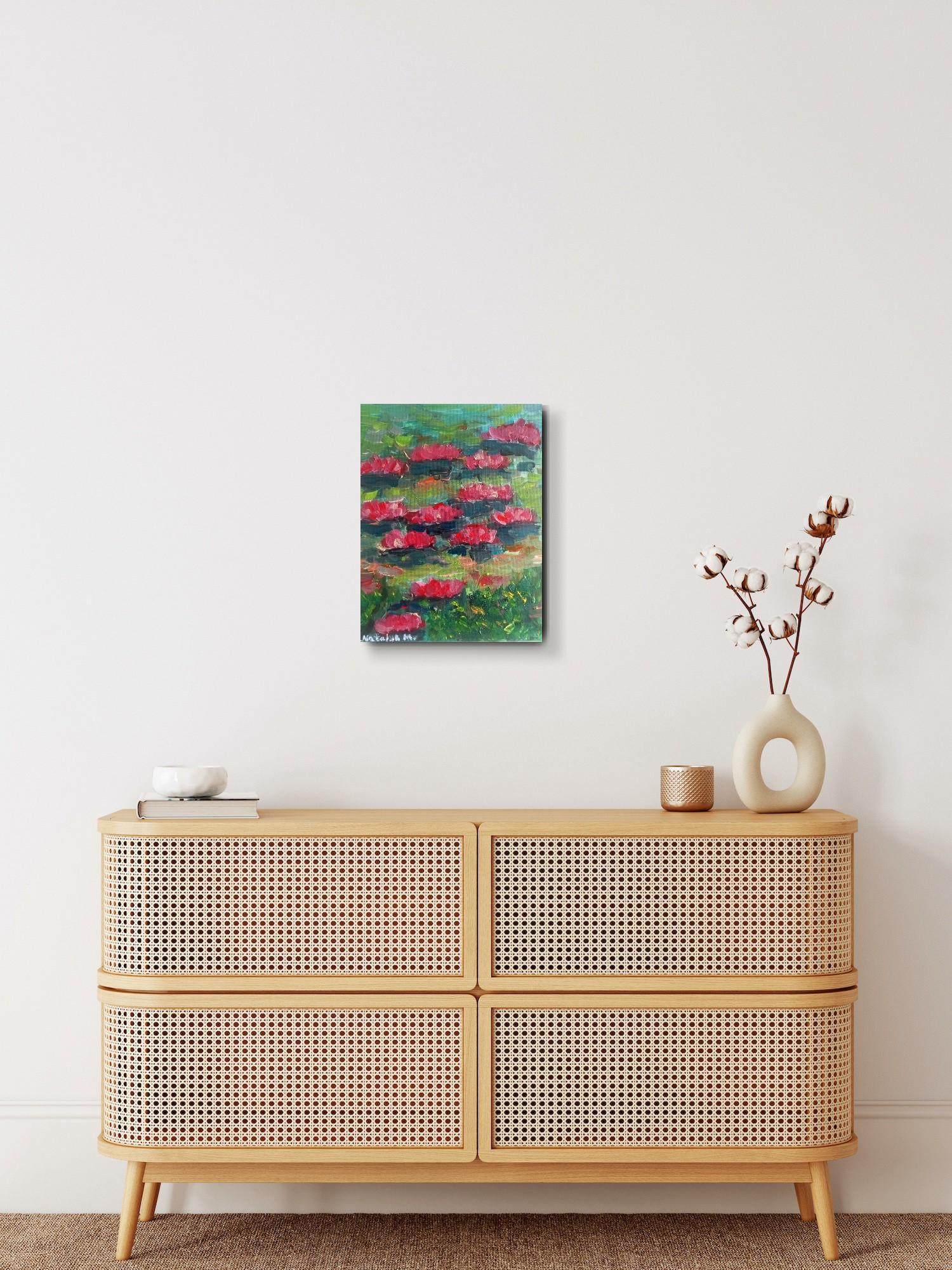 Zeitgenössisches impressionistisches Ölgemälde von Seerosen auf Leinwand im Angebot 11