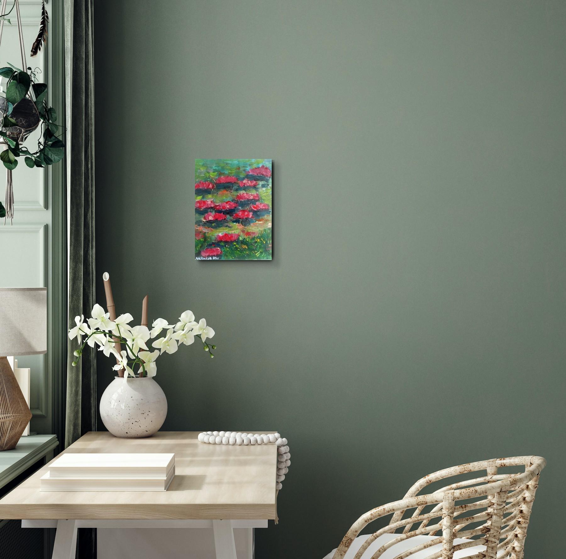 Zeitgenössisches impressionistisches Ölgemälde von Seerosen auf Leinwand im Angebot 12