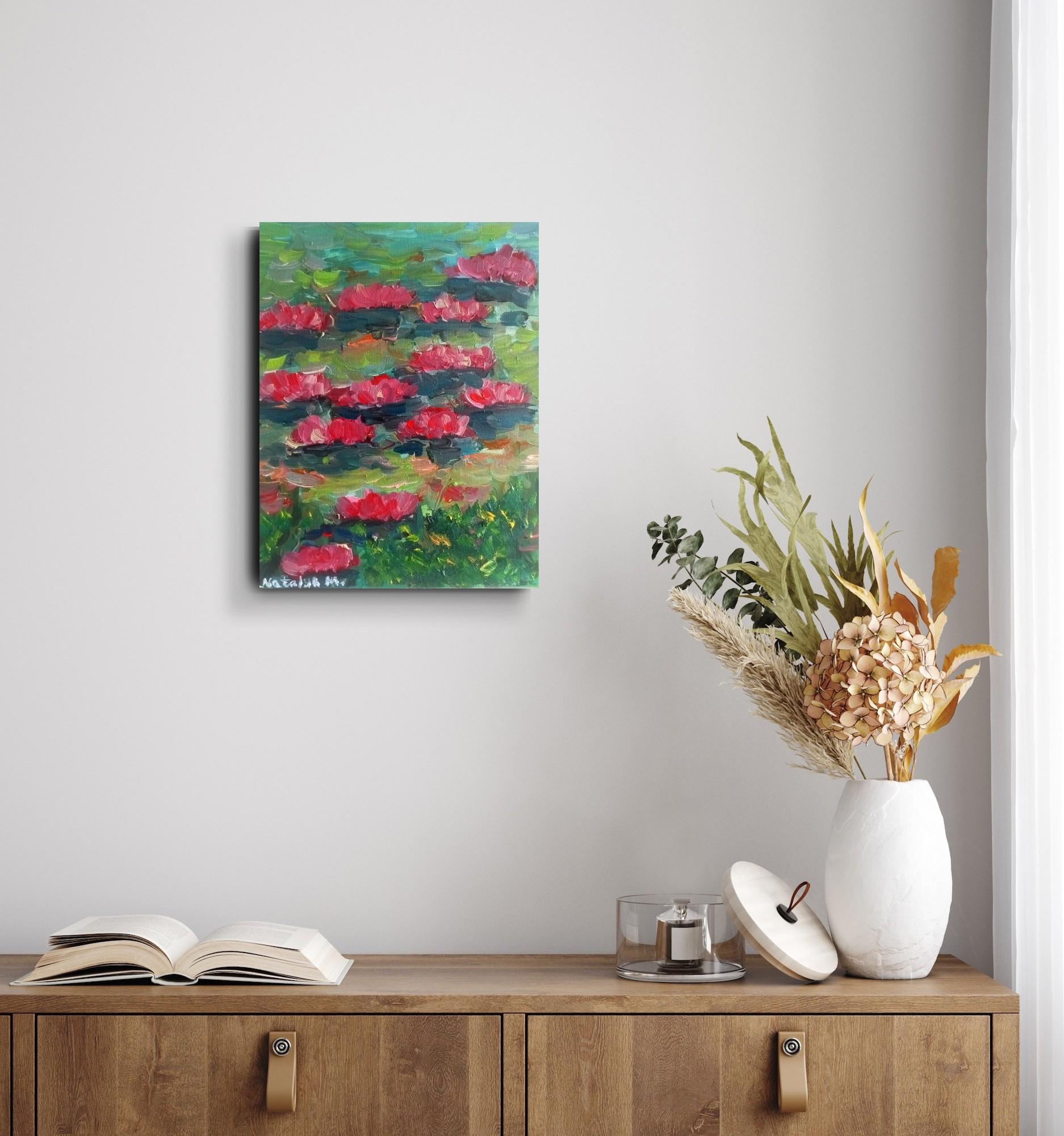 Zeitgenössisches impressionistisches Ölgemälde von Seerosen auf Leinwand im Angebot 13