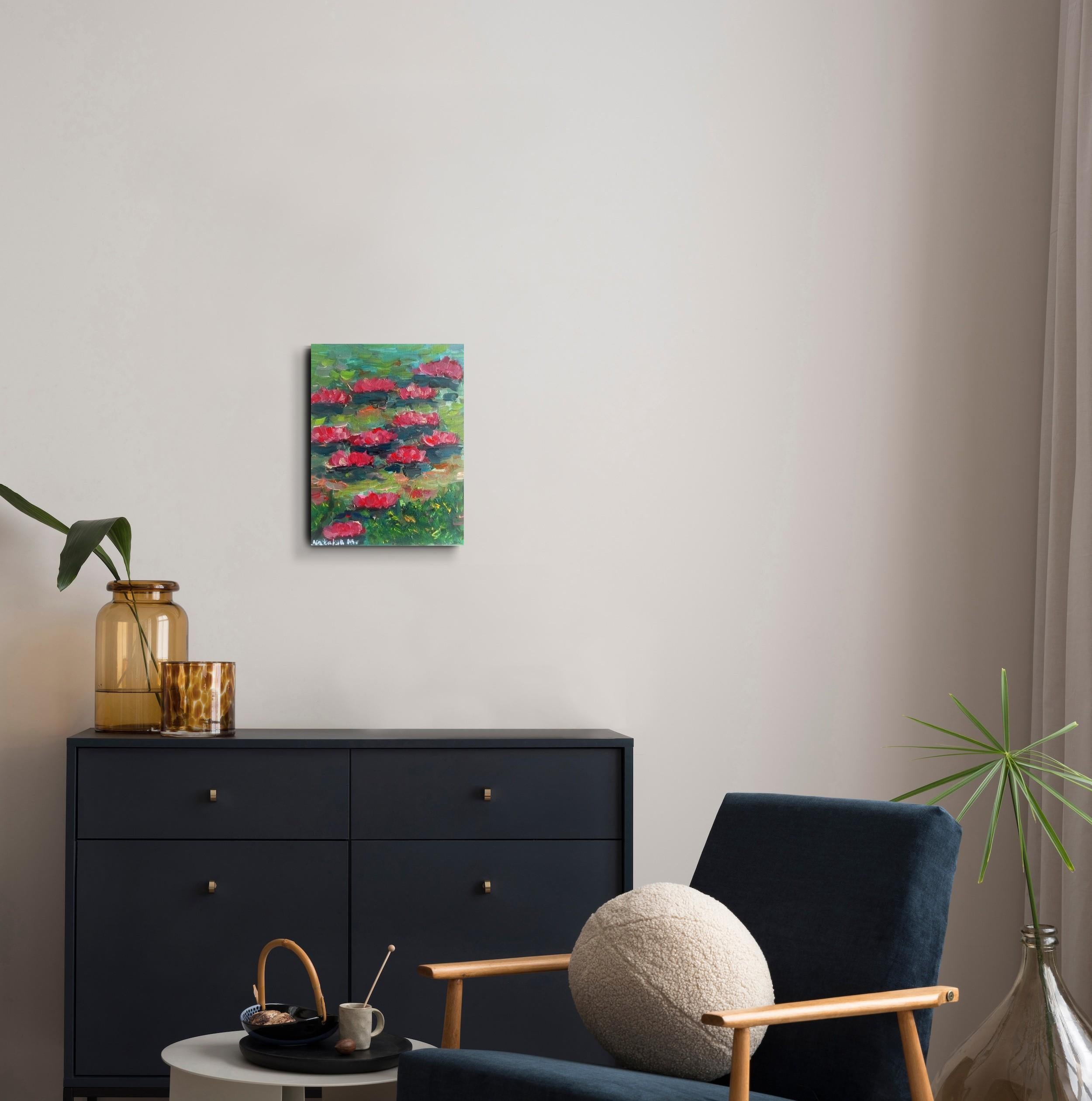 Zeitgenössisches impressionistisches Ölgemälde von Seerosen auf Leinwand im Angebot 14