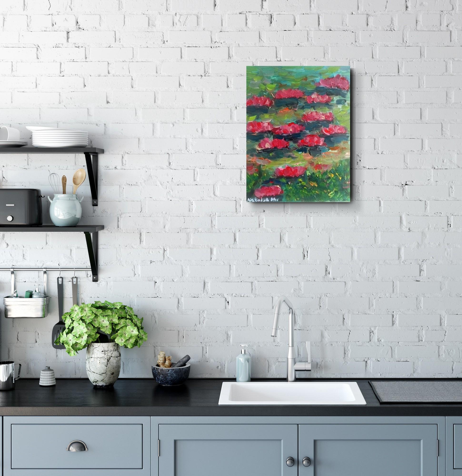Zeitgenössisches impressionistisches Ölgemälde von Seerosen auf Leinwand im Angebot 15