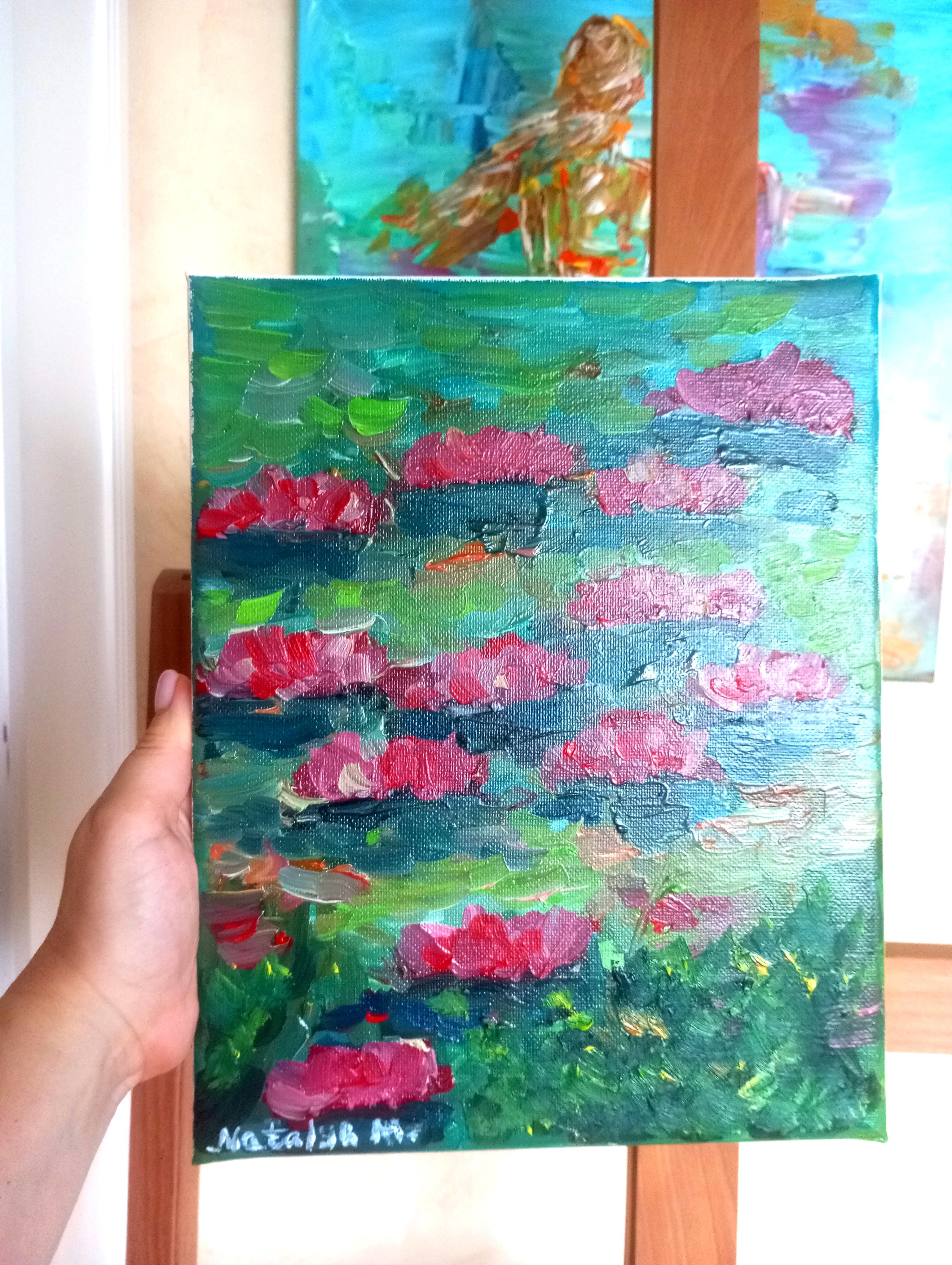 Zeitgenössisches impressionistisches Ölgemälde von Seerosen auf Leinwand im Angebot 1