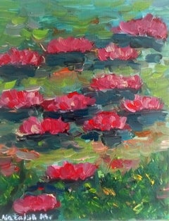 Contemporary impressionist oil painting of waterlilies on canvas