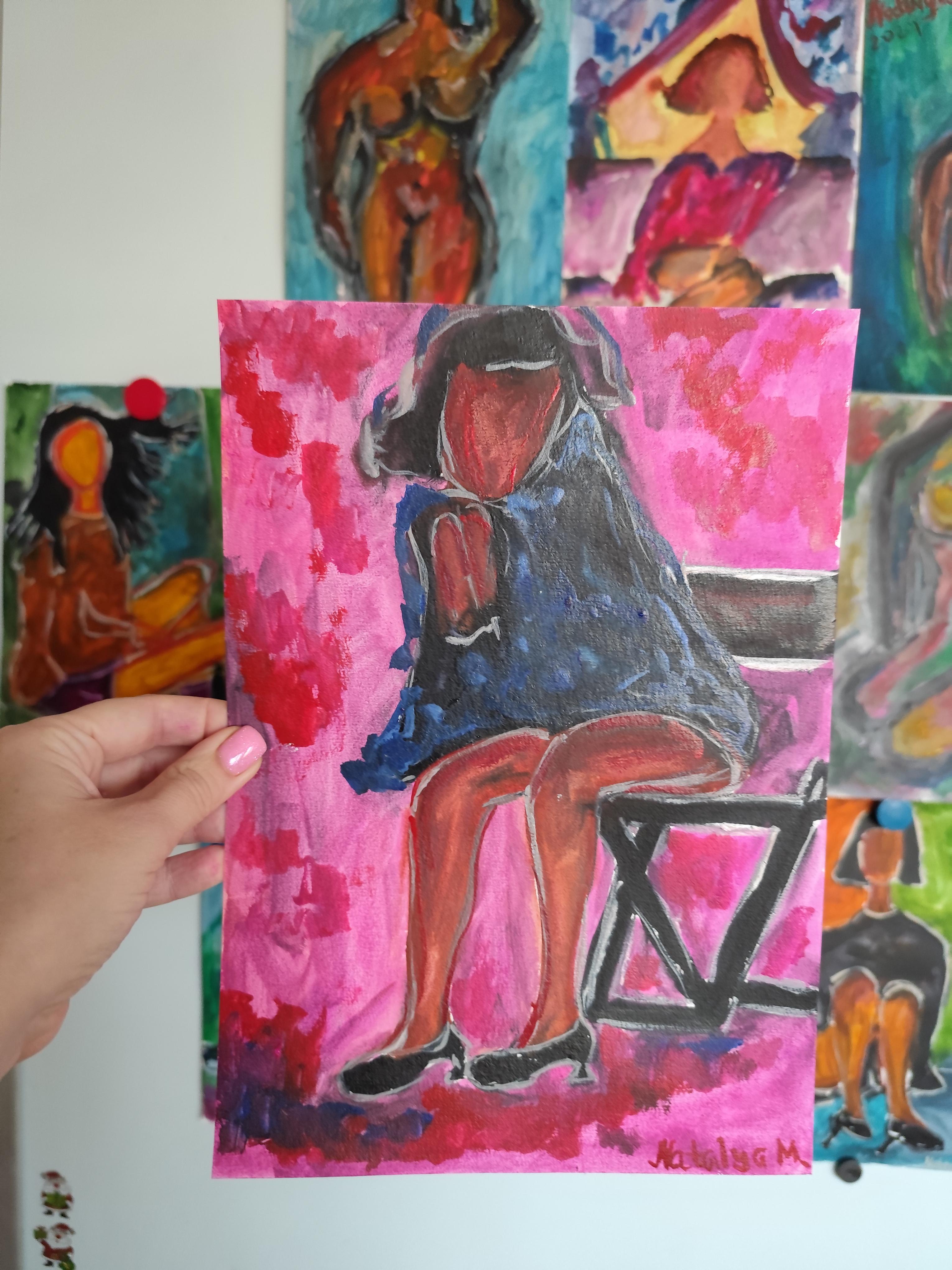 Pintura figurativa de mujer en acuarela sobre papel 