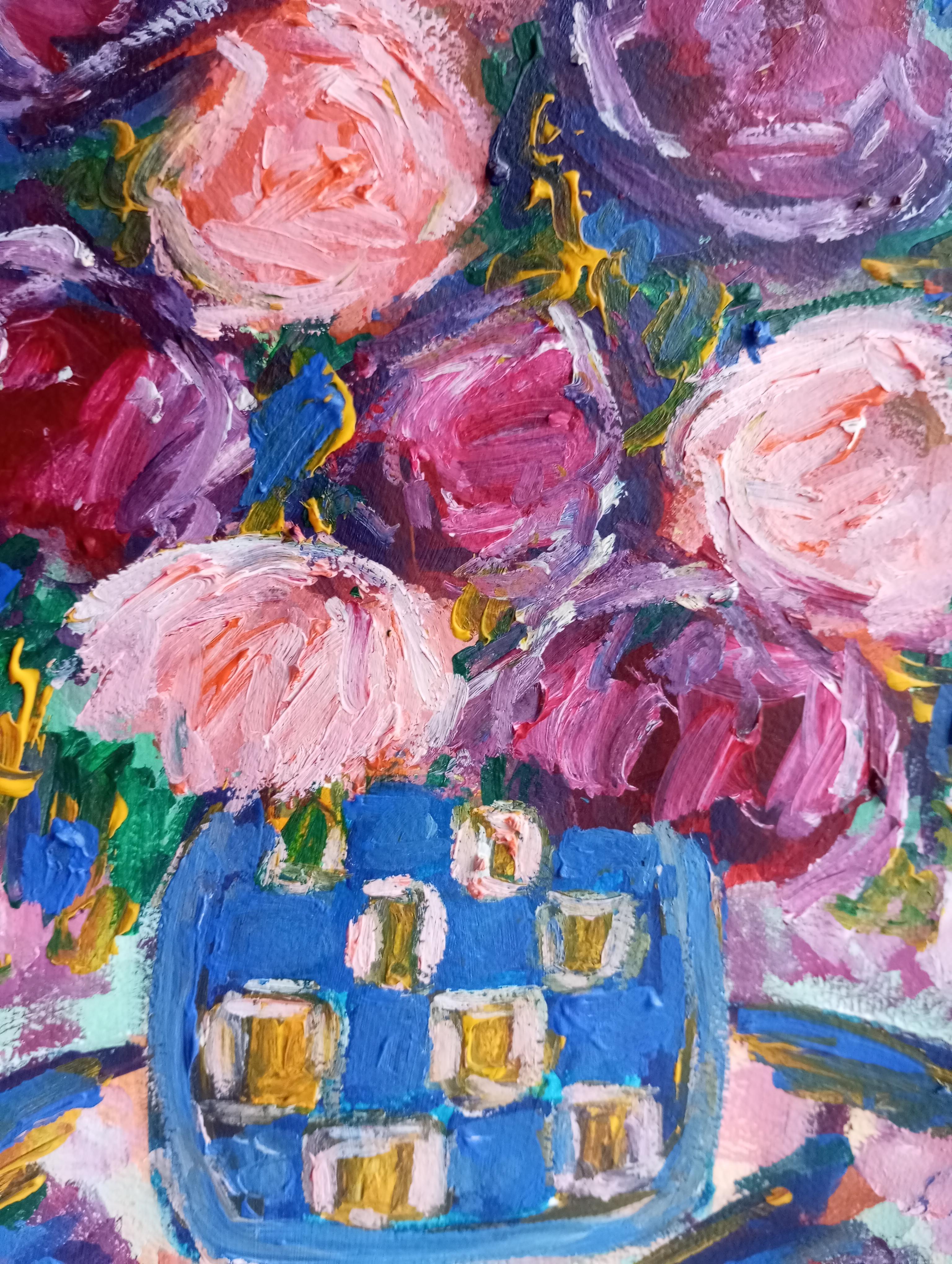 Contemporary impressionist expressive acrylic floral bouquet vase painting For Sale 5