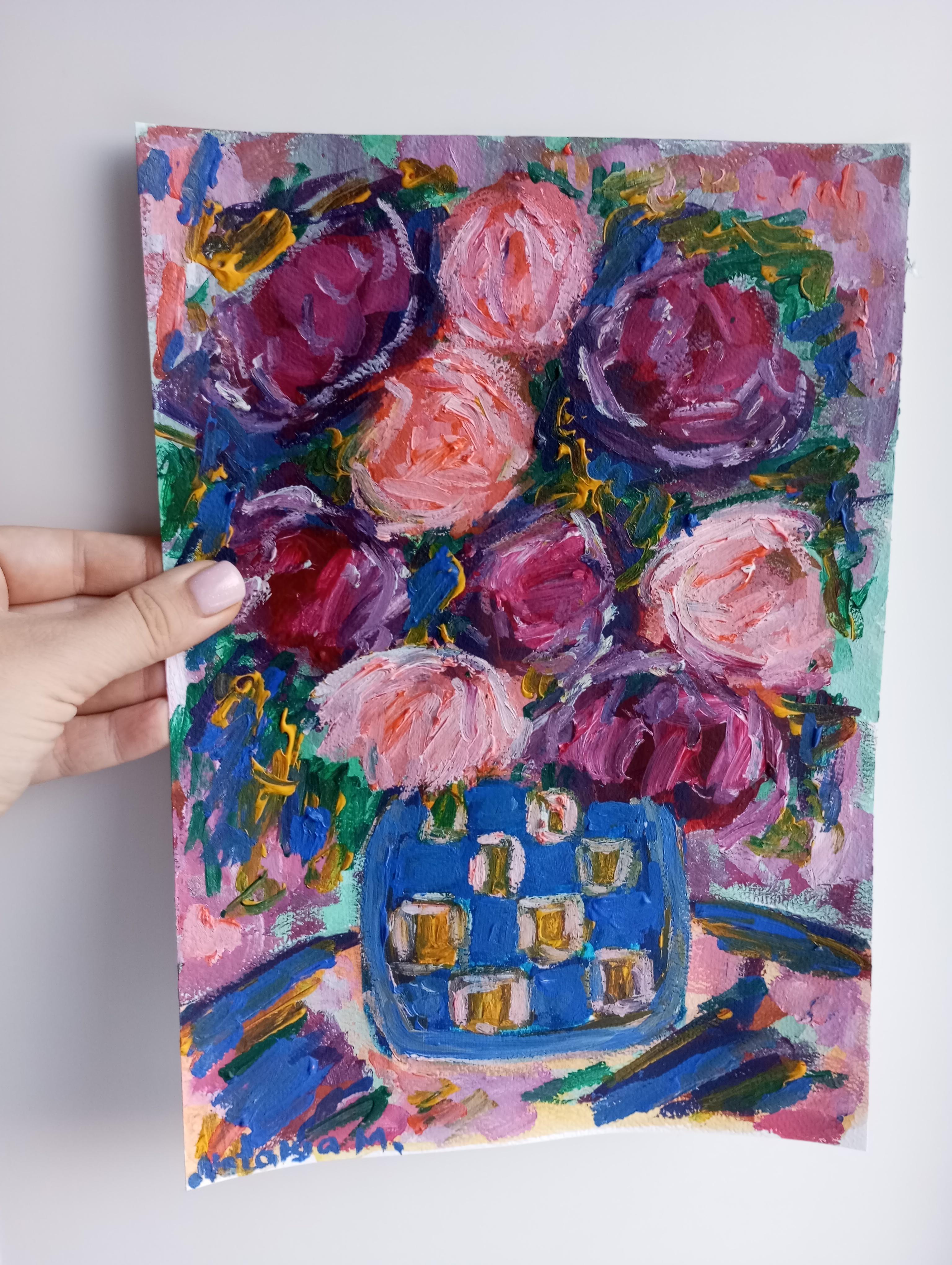 Contemporary impressionist expressive acrylic floral bouquet vase painting For Sale 7