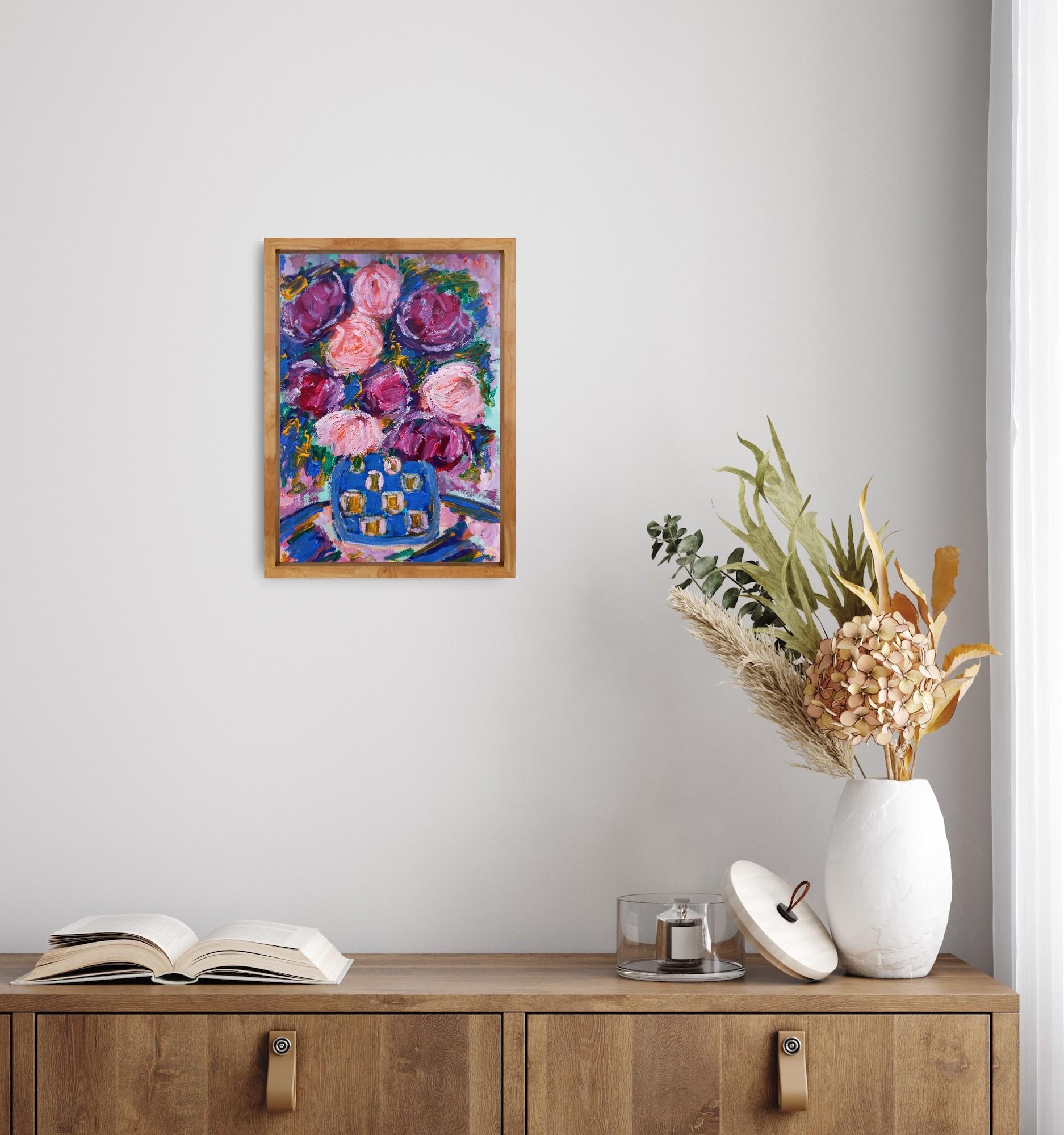 Contemporary impressionist expressive acrylic floral bouquet vase painting - Painting by Natalya Mougenot 