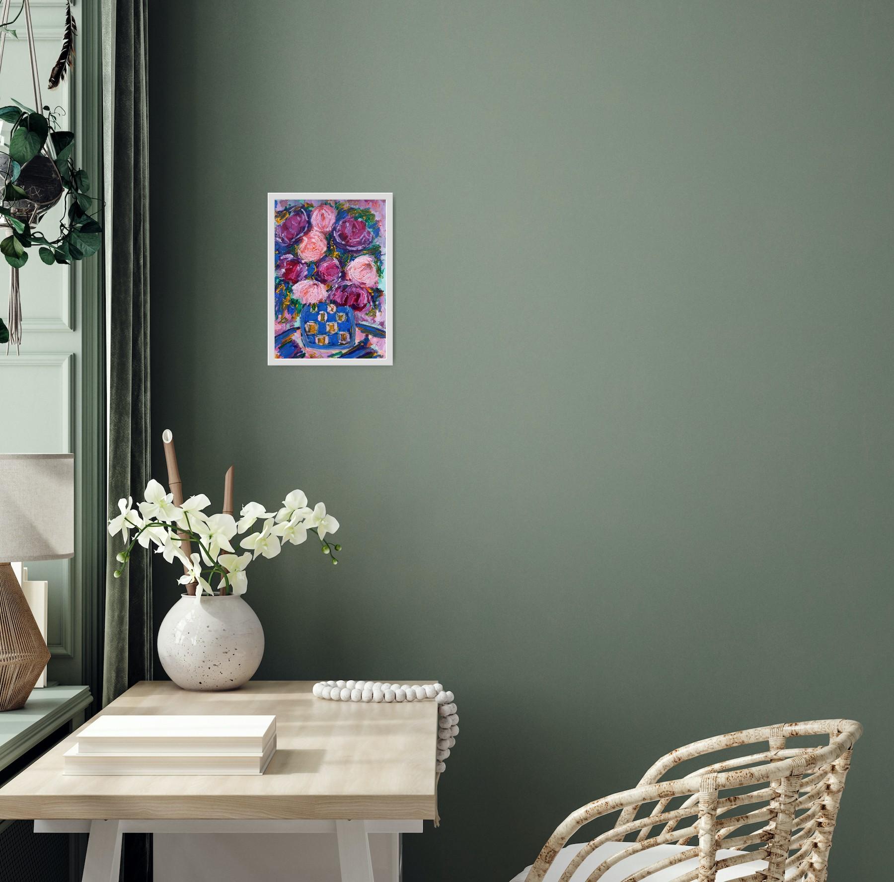 Contemporary impressionist expressive acrylic floral bouquet vase painting - Gray Still-Life Painting by Natalya Mougenot 