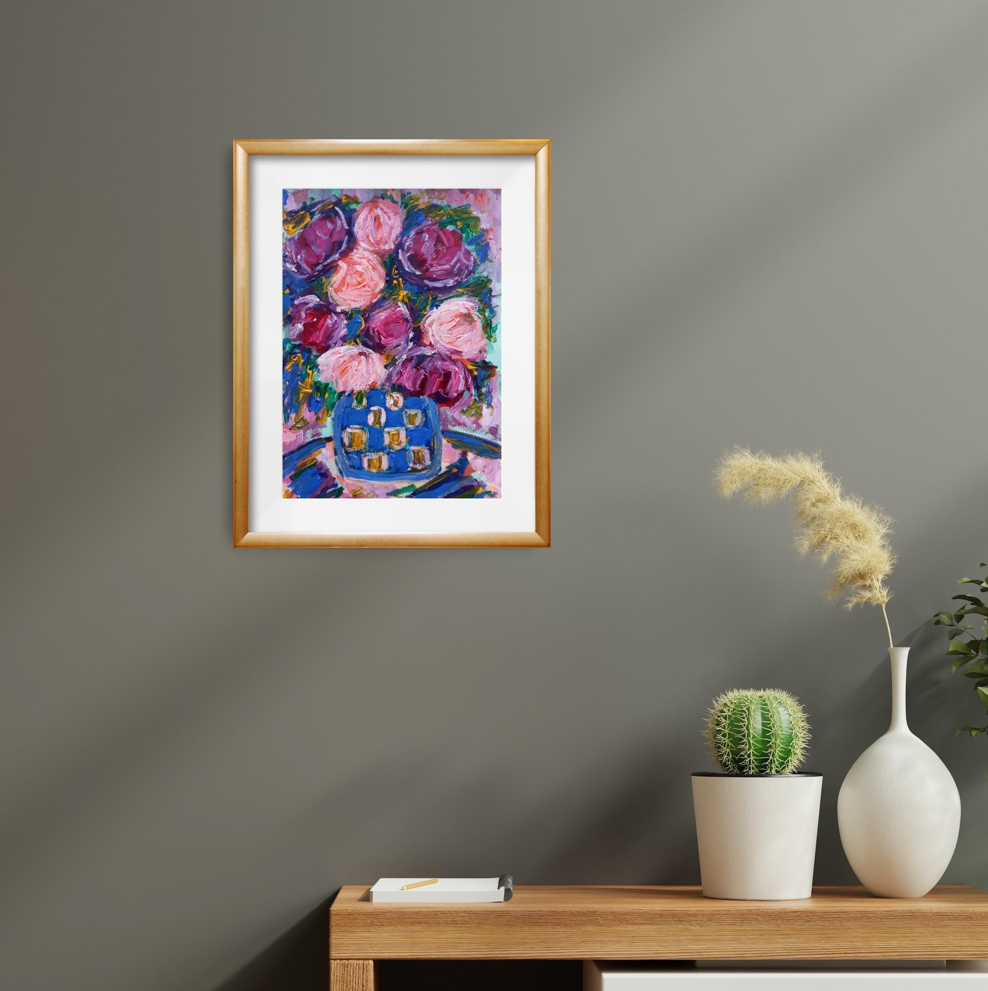 Contemporary impressionist expressive acrylic floral bouquet vase painting For Sale 1
