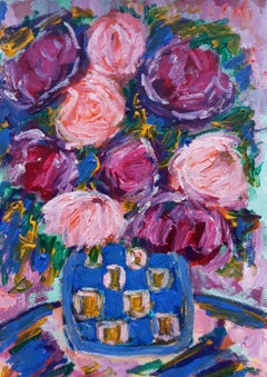 Contemporary impressionist expressive acrylic floral bouquet vase painting