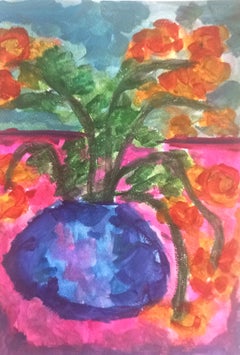 "Flores de verano en un jarrón azul" (arte floral impresionista contemporáneo)