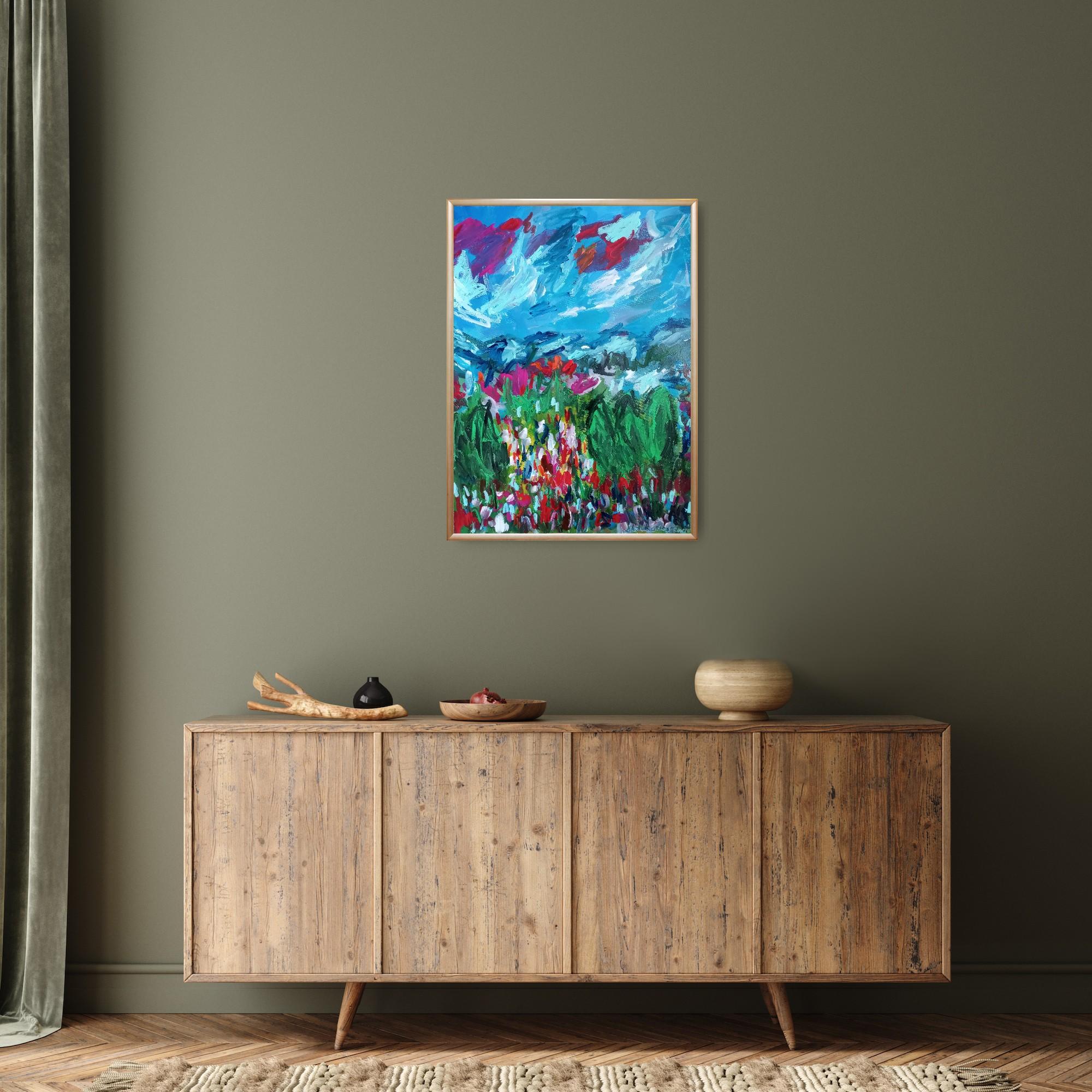 This acrylic painting makes part of my series dedicated to the scenes of a summer period.

This abstract vibrant floral painting with summer flowers in a blue vase   called 