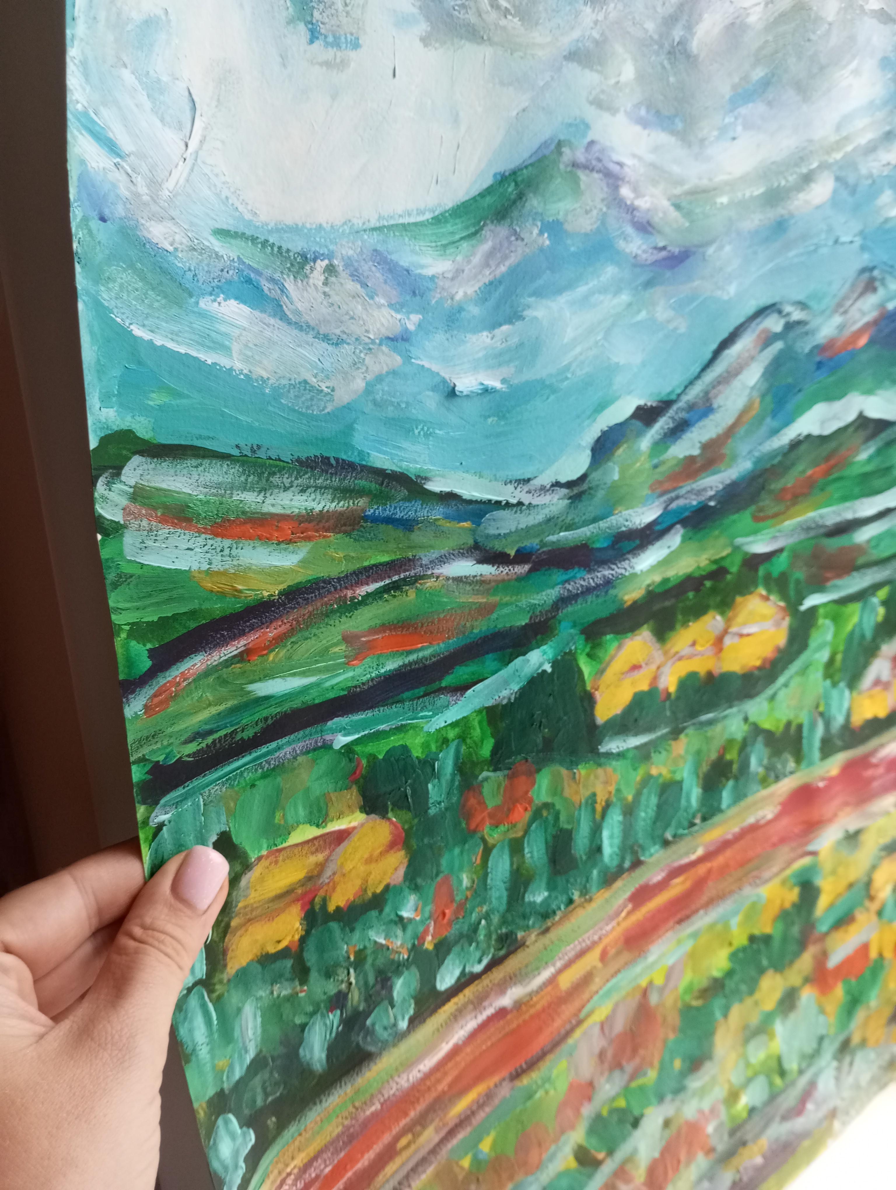 Paesaggio contemporaneo colorato in acrilico impressionista Nature flora su carta in vendita 5