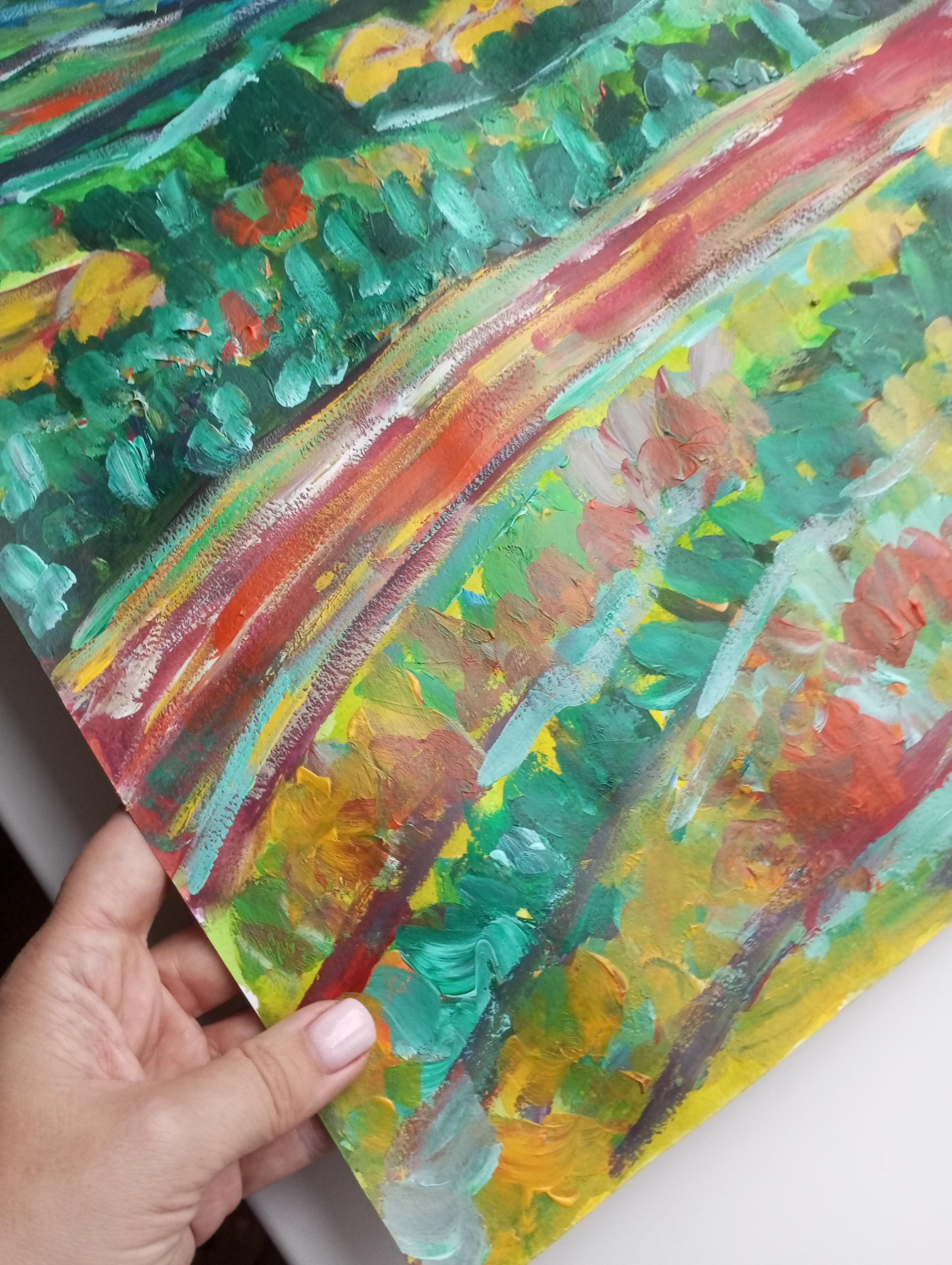 Paesaggio contemporaneo colorato in acrilico impressionista Nature flora su carta in vendita 6
