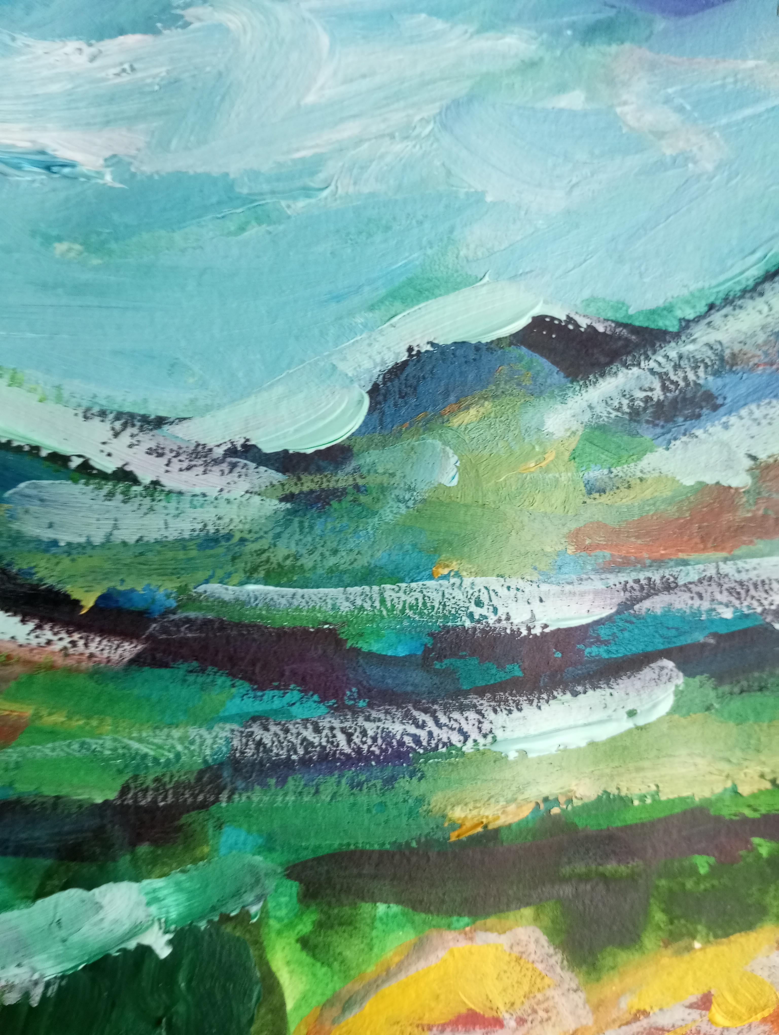 Paesaggio contemporaneo colorato in acrilico impressionista Nature flora su carta in vendita 8