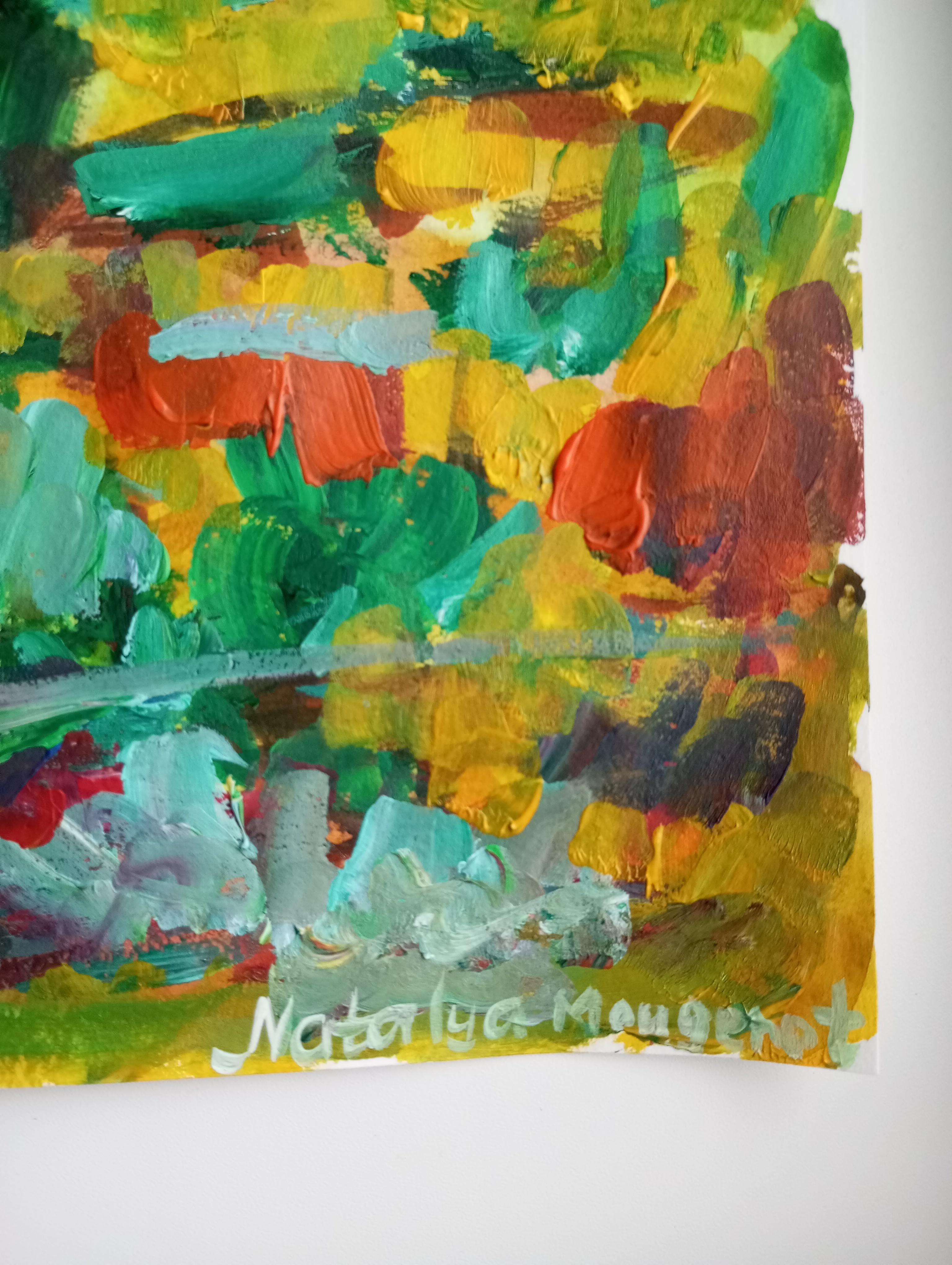 Paesaggio contemporaneo colorato in acrilico impressionista Nature flora su carta in vendita 10