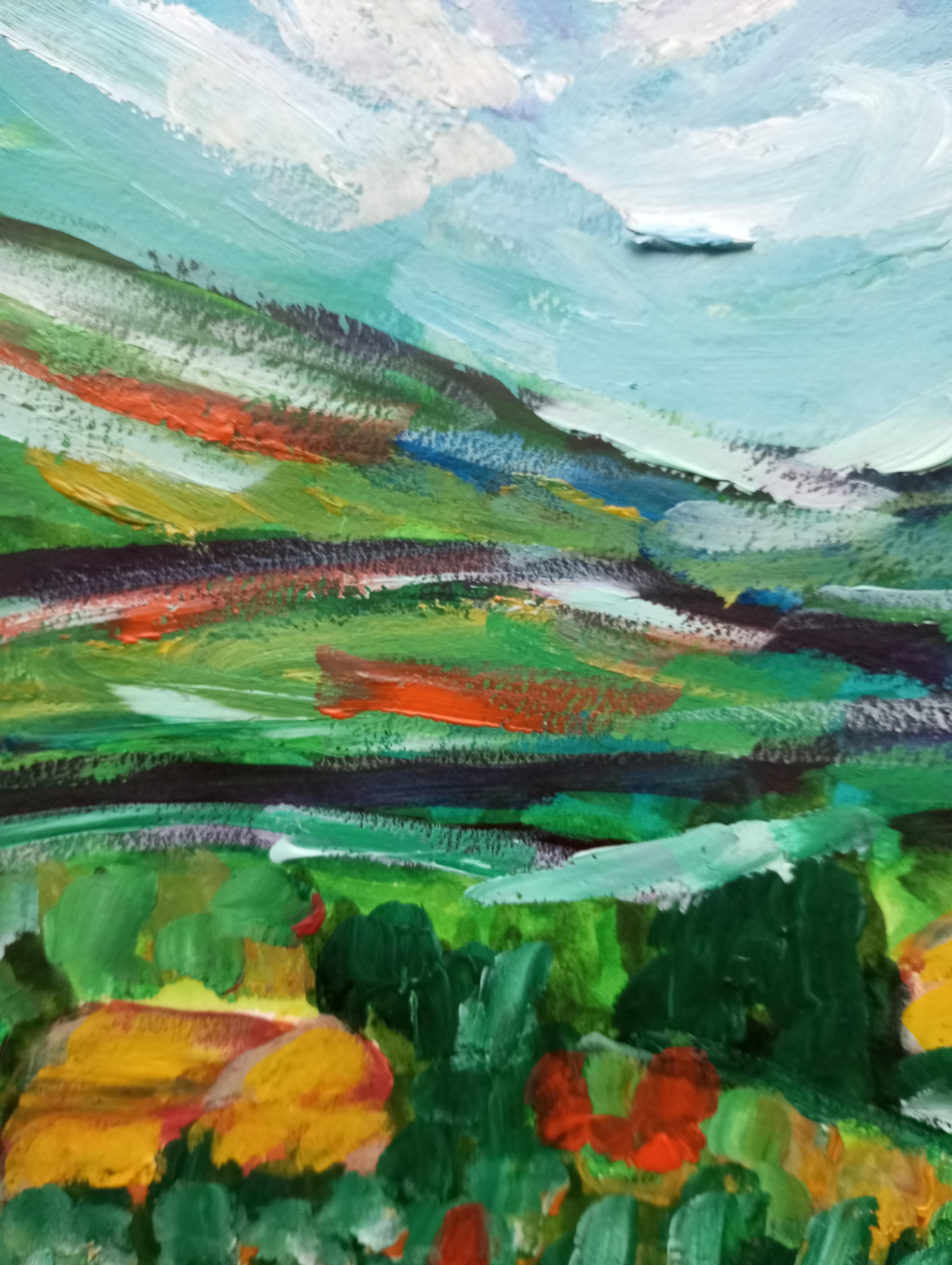 Paesaggio contemporaneo colorato in acrilico impressionista Nature flora su carta in vendita 13