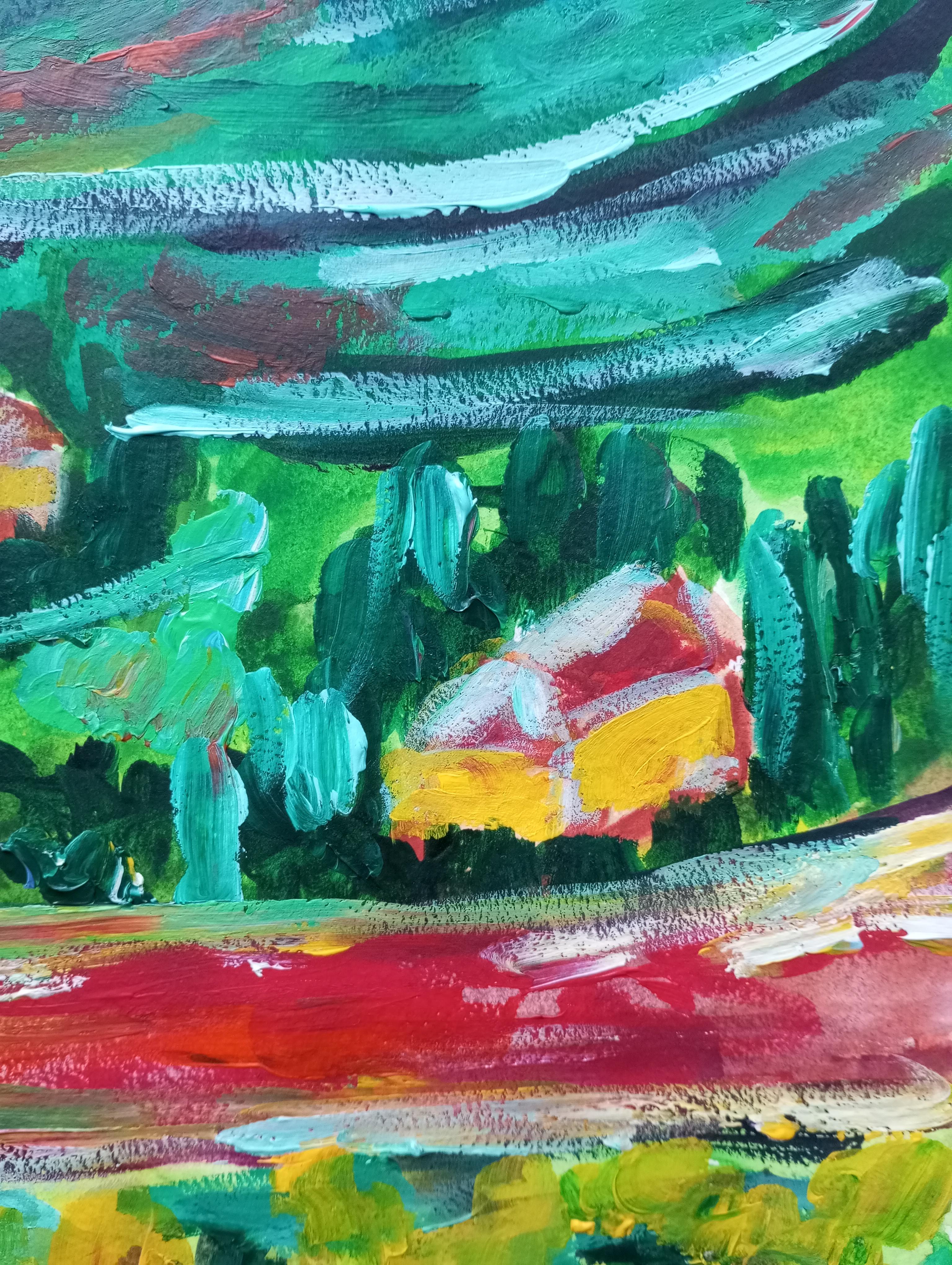 Paesaggio contemporaneo colorato in acrilico impressionista Nature flora su carta in vendita 14