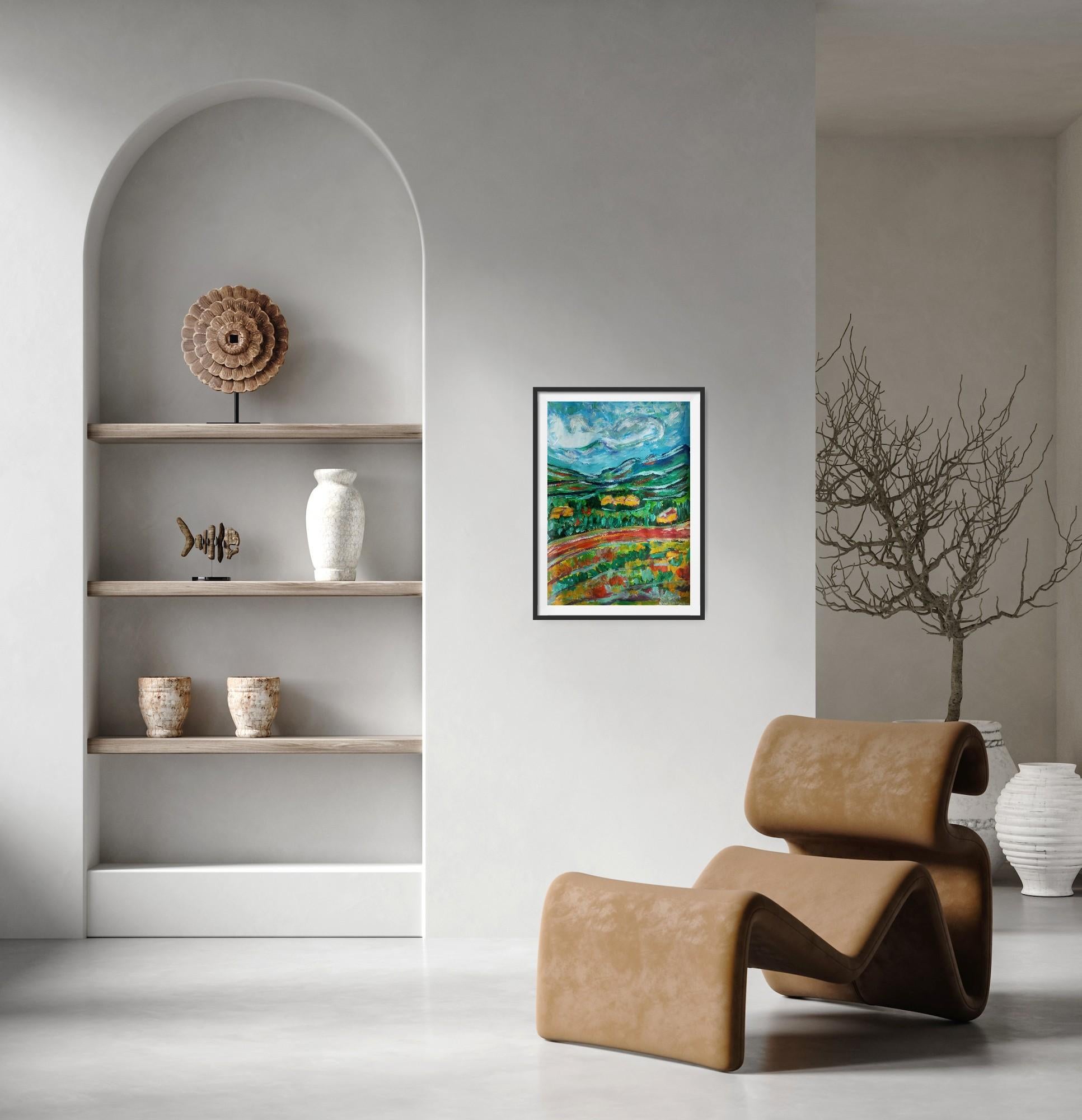 Paesaggio contemporaneo colorato in acrilico impressionista Nature flora su carta - Painting di Natalya Mougenot 