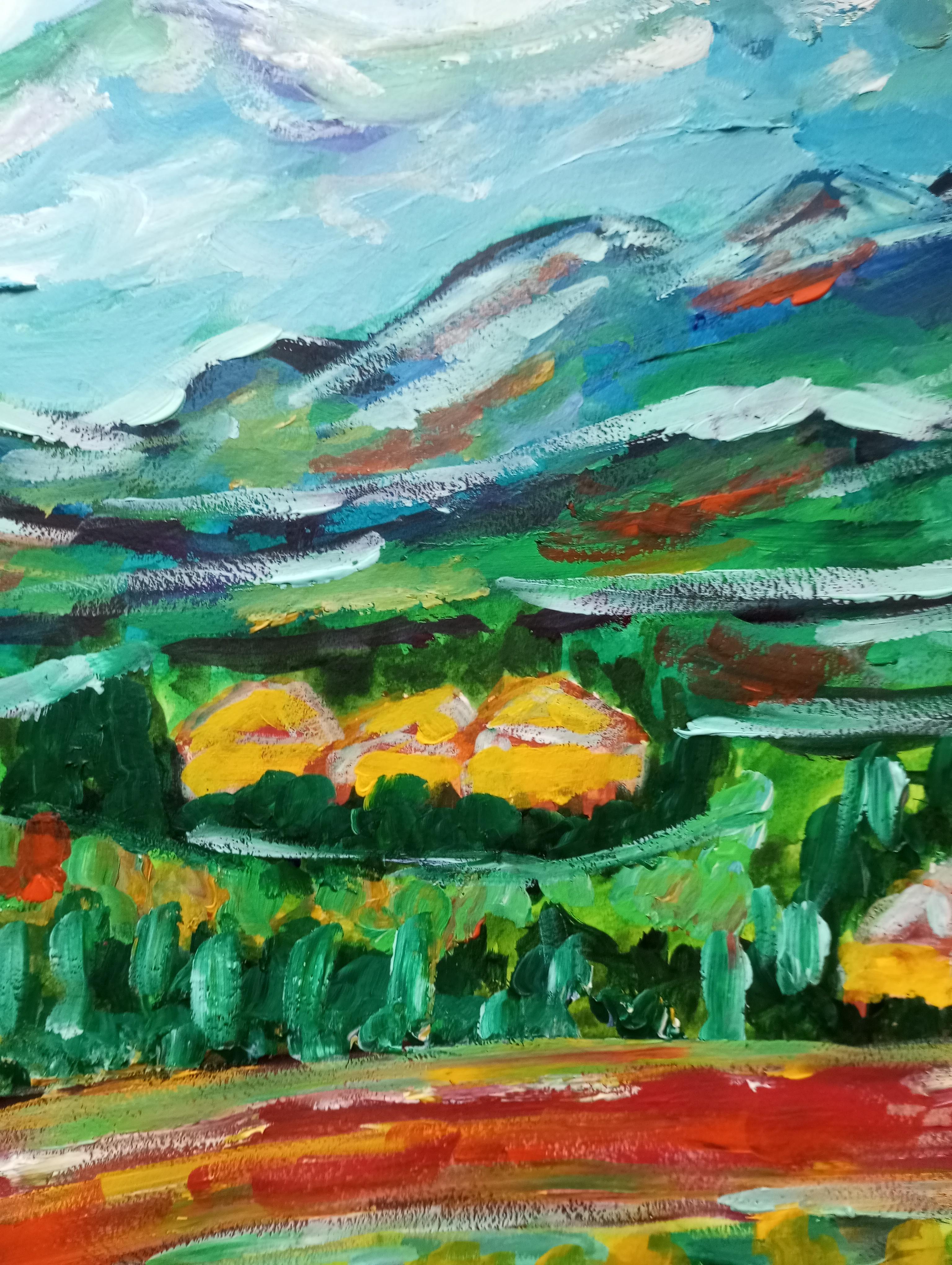 Paesaggio contemporaneo colorato in acrilico impressionista Nature flora su carta in vendita 15